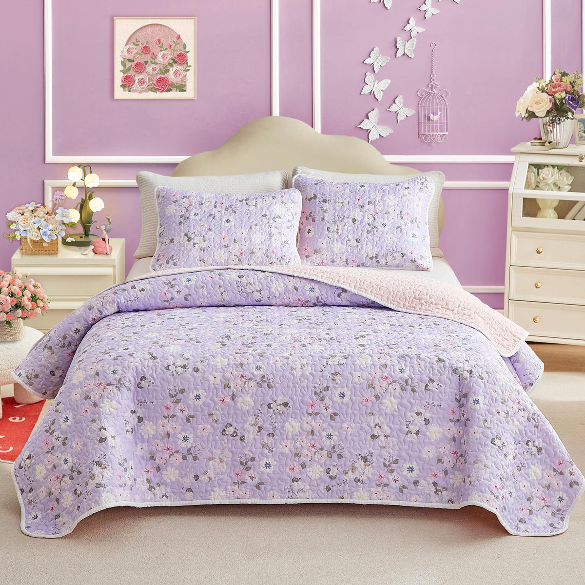 Joyreap Twin Size Quilt Set for Girls, Pink n Blue Floral Patchwork Design, 2 Pieces Soft n Cozy Microfiber Quilt, Bedspread Bed Cover for All Season- 68x88 inches