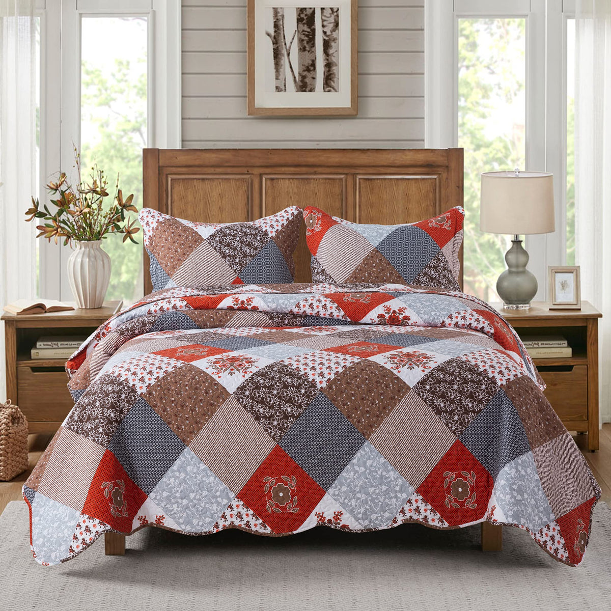 Travan 3-Piece Quilt Set Quilted Bedspread Lightweight Coverlet Set Garden Style Floral Printed Oversized Quilted Bedding Set with Shams for All Season, Exquisite, King Size