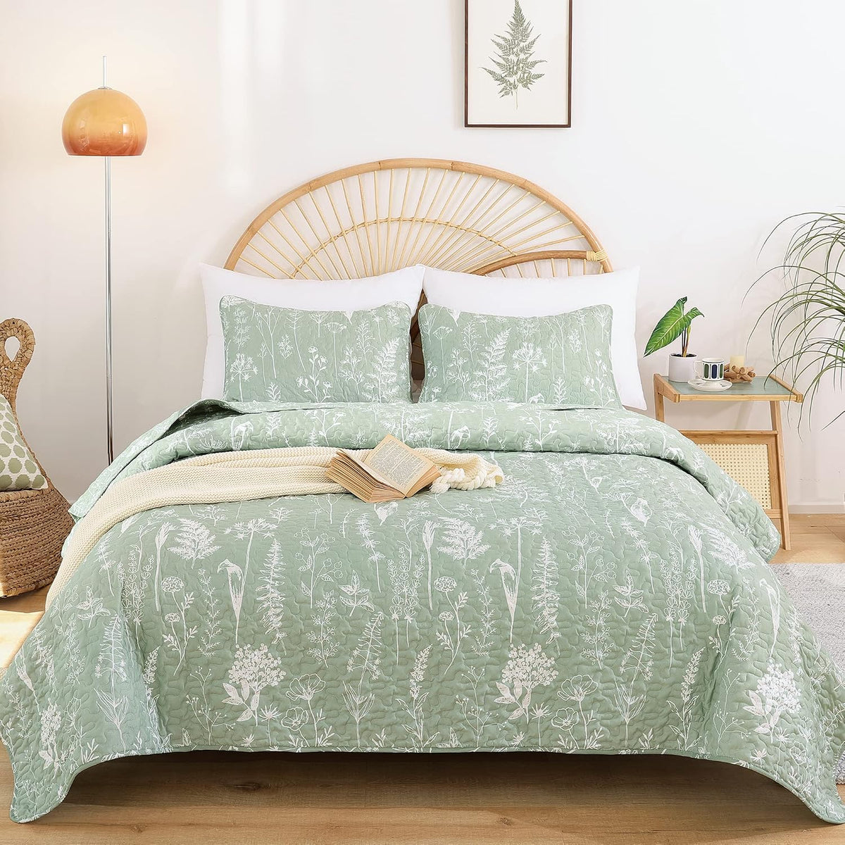 JANZAA Quilts Queen Size, Sage Green Bedspread 3 Pcs Floral Bedding Set