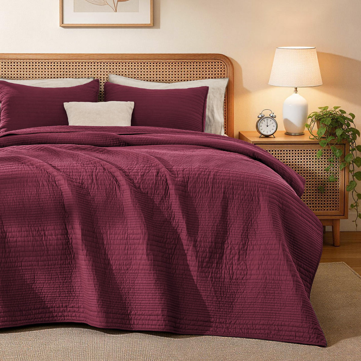 Love's cabin Queen Size Cotton Quilt Set, 100% Cotton Fabric Striped Textured Coverlet with Crinkled Look, Lightweight Quilted Bedspread for All Season, Includes 2 Pillow Shams, White