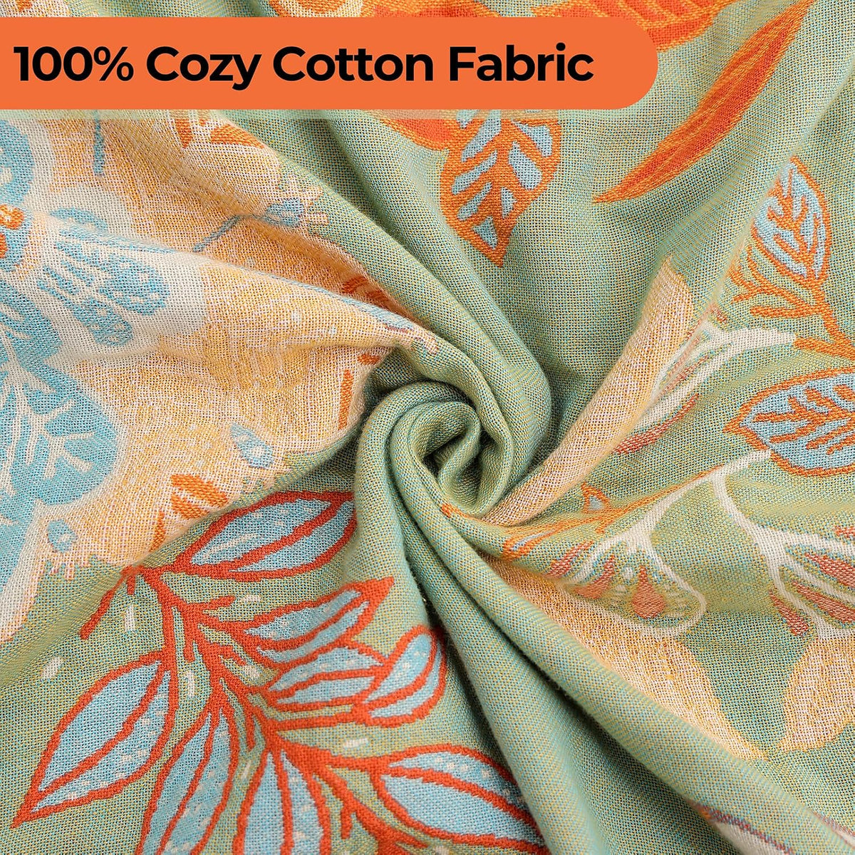 Floral Rustic Large Boho Throw Blanket 90"x98" Orange&Sage Green