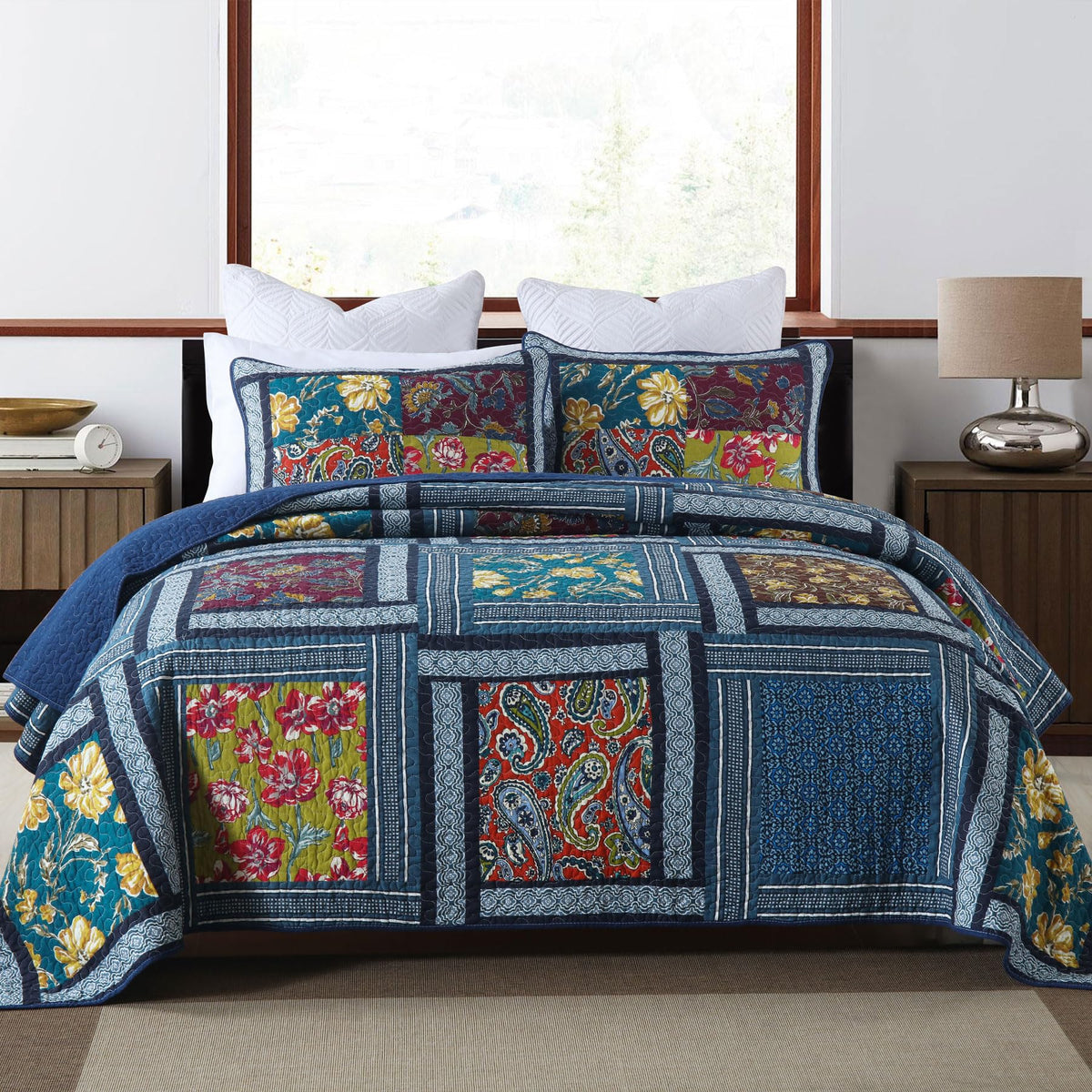 Secgo California King Quilt Size - 100% Cotton Oversized California Comforter Set Green Bedding Sets (120 * 110 Inch) with 2 Pillow Shams, Patchwork Reversible Lightweight Bedspread