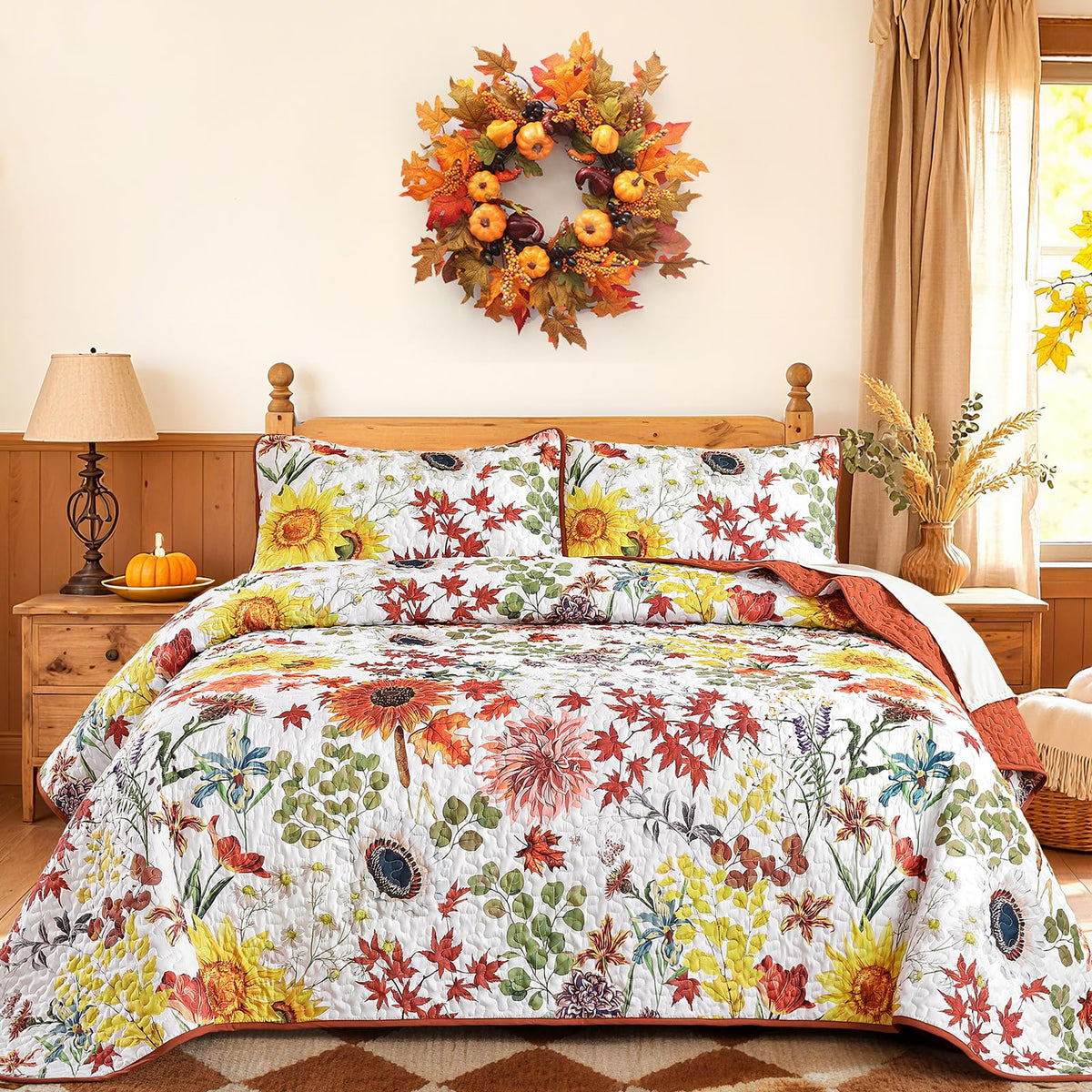 Yiran Beige Floral Quilt King Size, Sunflower Bedspreads Bedding Set
