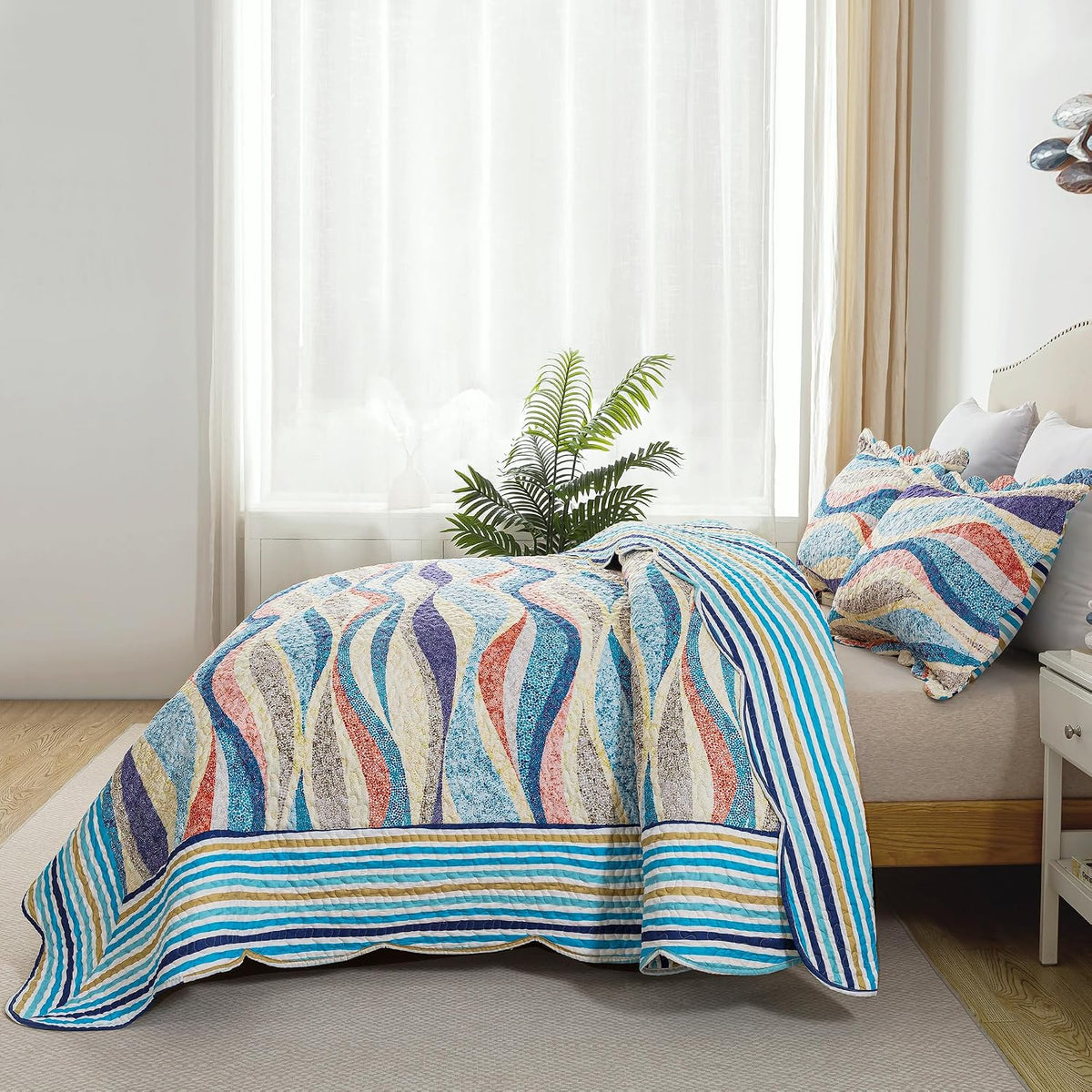 HoneiLife Oversized King Bedspreads 120x120 - Beach Quilt 3 Pieces, Coastal Quilt Sets, California King Quilt, Nautical Bedspreads Ocean Coverlets, Lightweight Bed Cover, Summer Quilts