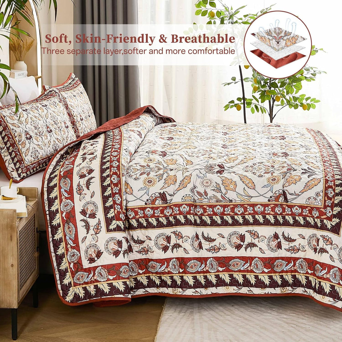 DJY King Size Quilt Sets, Burgundy Floral Quilt Set King 3 Pieces Red Boho Bedspread Coverlet Set with 2 Pillowcases Soft Lightweight Microfiber Bedding for All Season (104"x90")