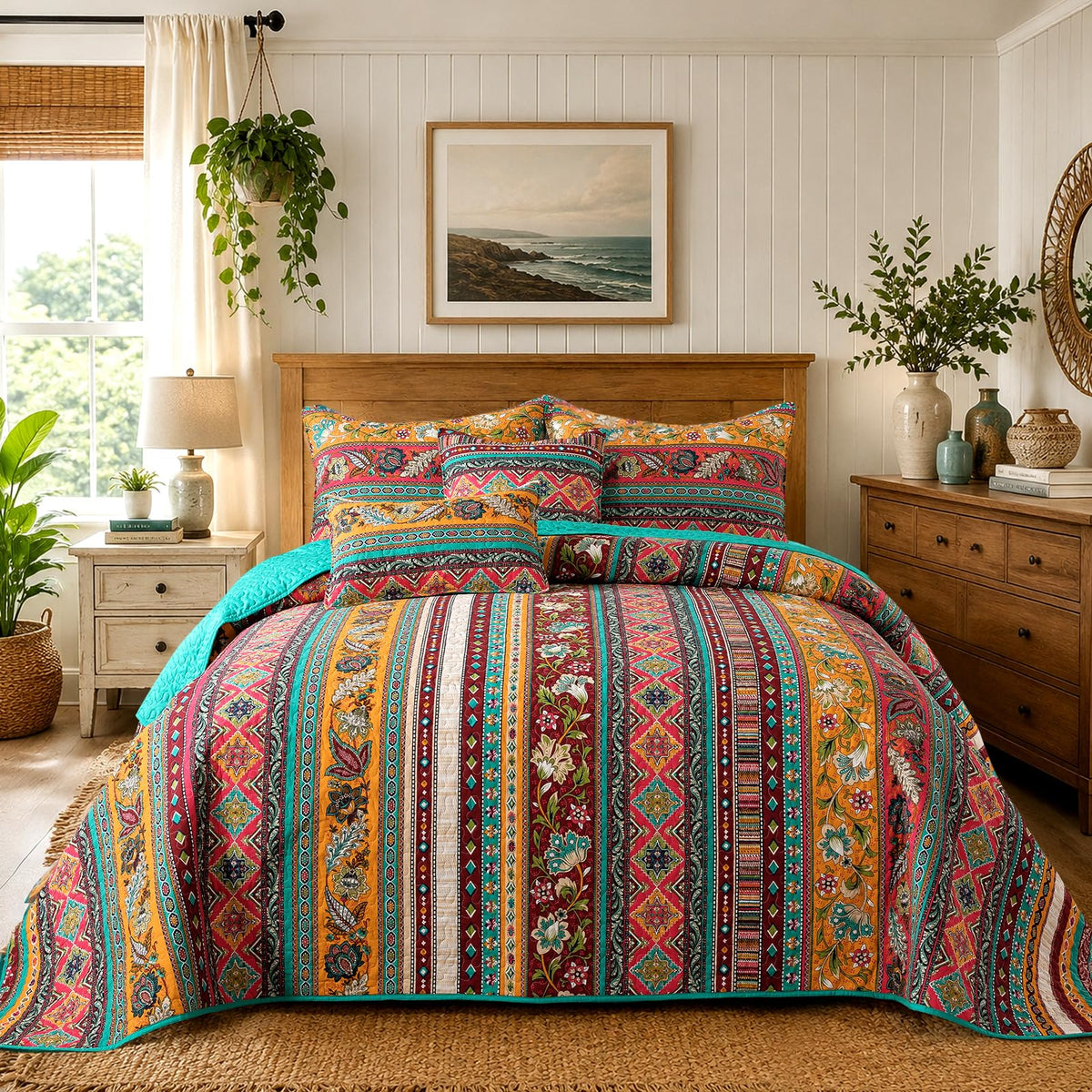 VAPUTAR 100% Cotton Face Quilt King Size Bedding Set - Boho King Quilts