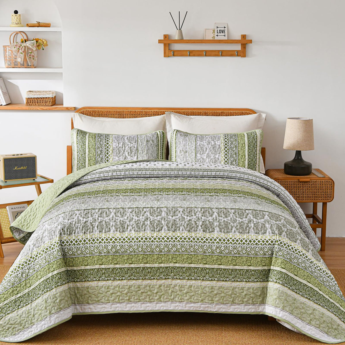 WONGS BEDDING Boho King Quilt Set，3 Pcs Light Blue Summer Bedspread