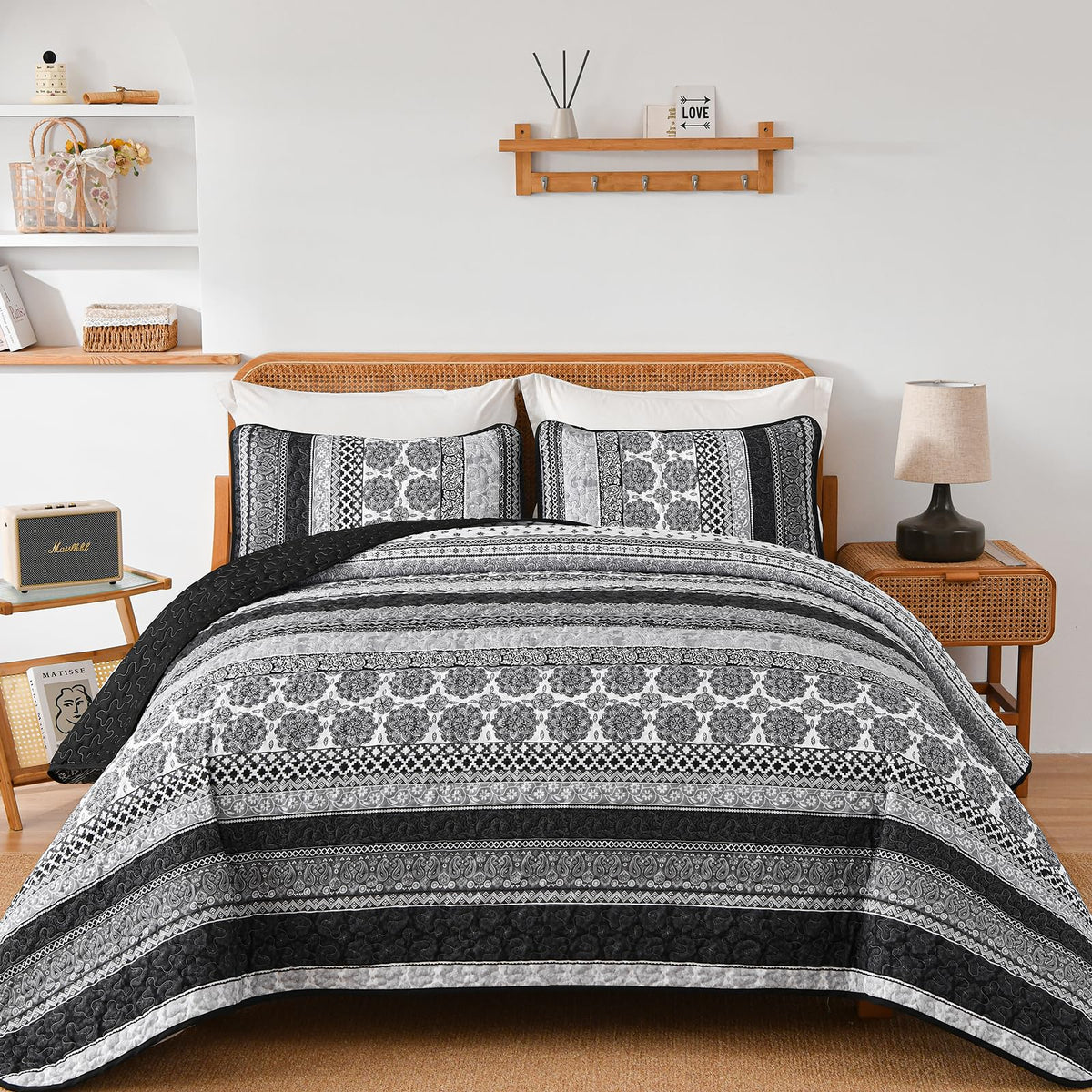 WONGS BEDDING Boho King Quilt Set，3 Pcs Light Blue Summer Bedspread