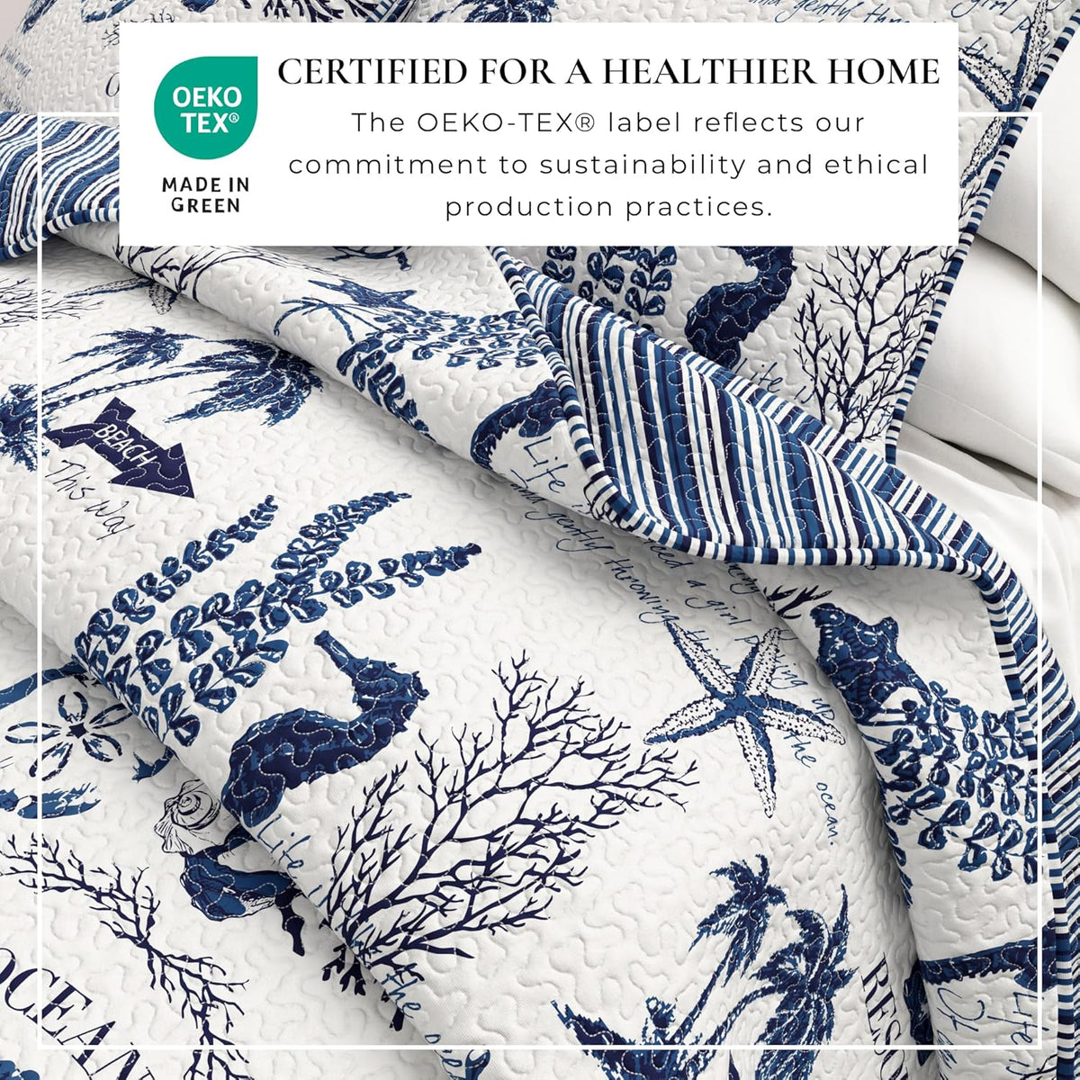 Great Bay Home Twin/Twin XL Coastal Bedding Set, Summer Coastal Quilt with Sham, Beach 2-Piece Reversible All Season Bedspread Quilt Set. Lightweight Nautical Quilted Coverlet. Navy