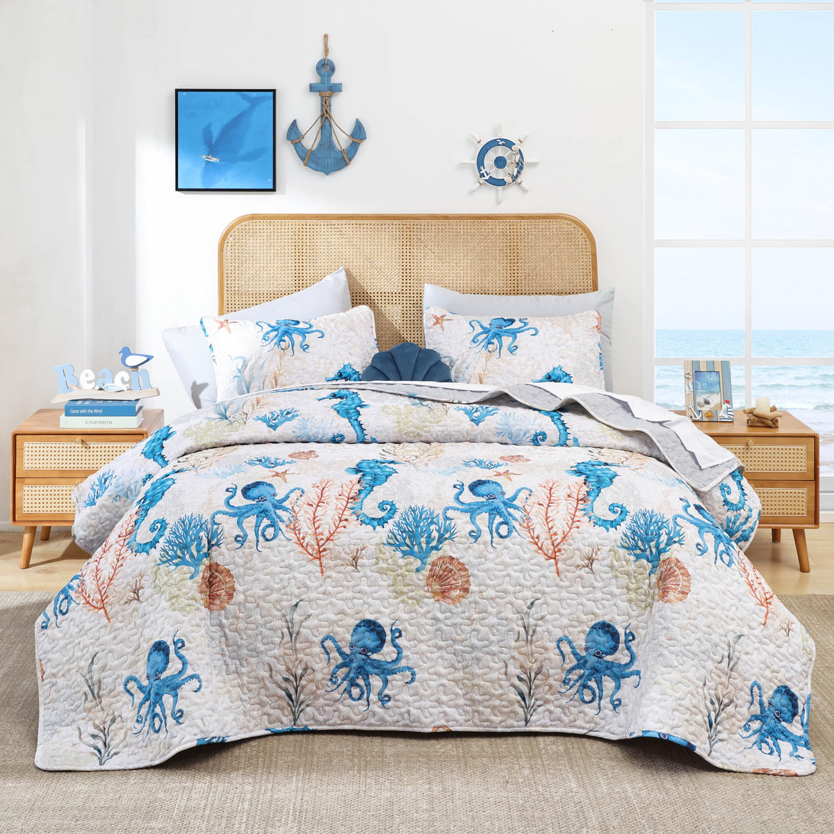 weigelia Coastal Quilt Twin Size, Sea Turtle Lightweight Summer Bedding