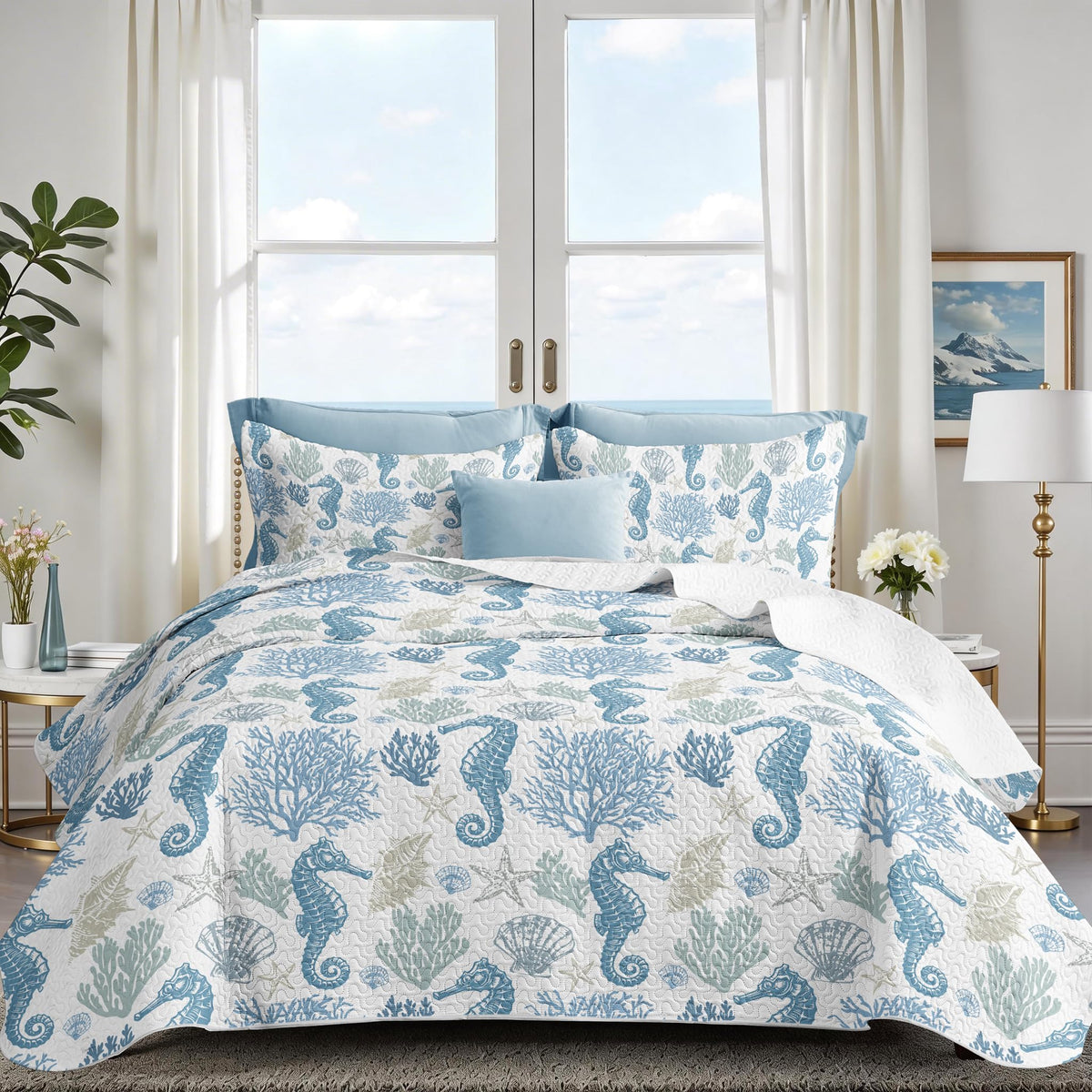 Nautical Queen Quilt Set, Coastal Seahorse Bedding, 3 Piece, 90"x96"