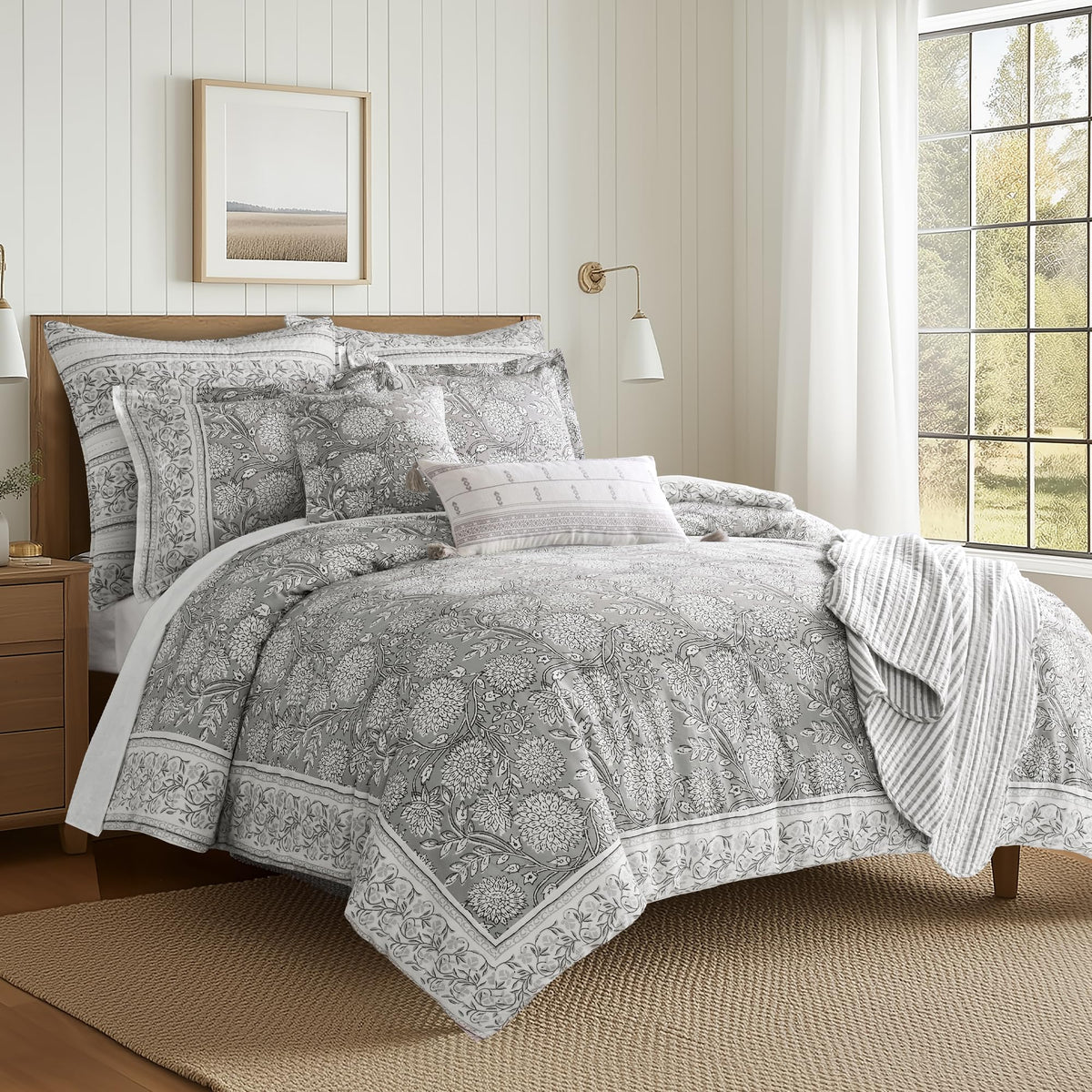 Levtex Home Adare Taupe Reversible King Duvet Cover Set (106x94in) with 2 Pillowcases (36x20in) - Floral Bedding - Taupe and White - Cotton King Size Duvet Cover Set - Soft, Pre-Washed