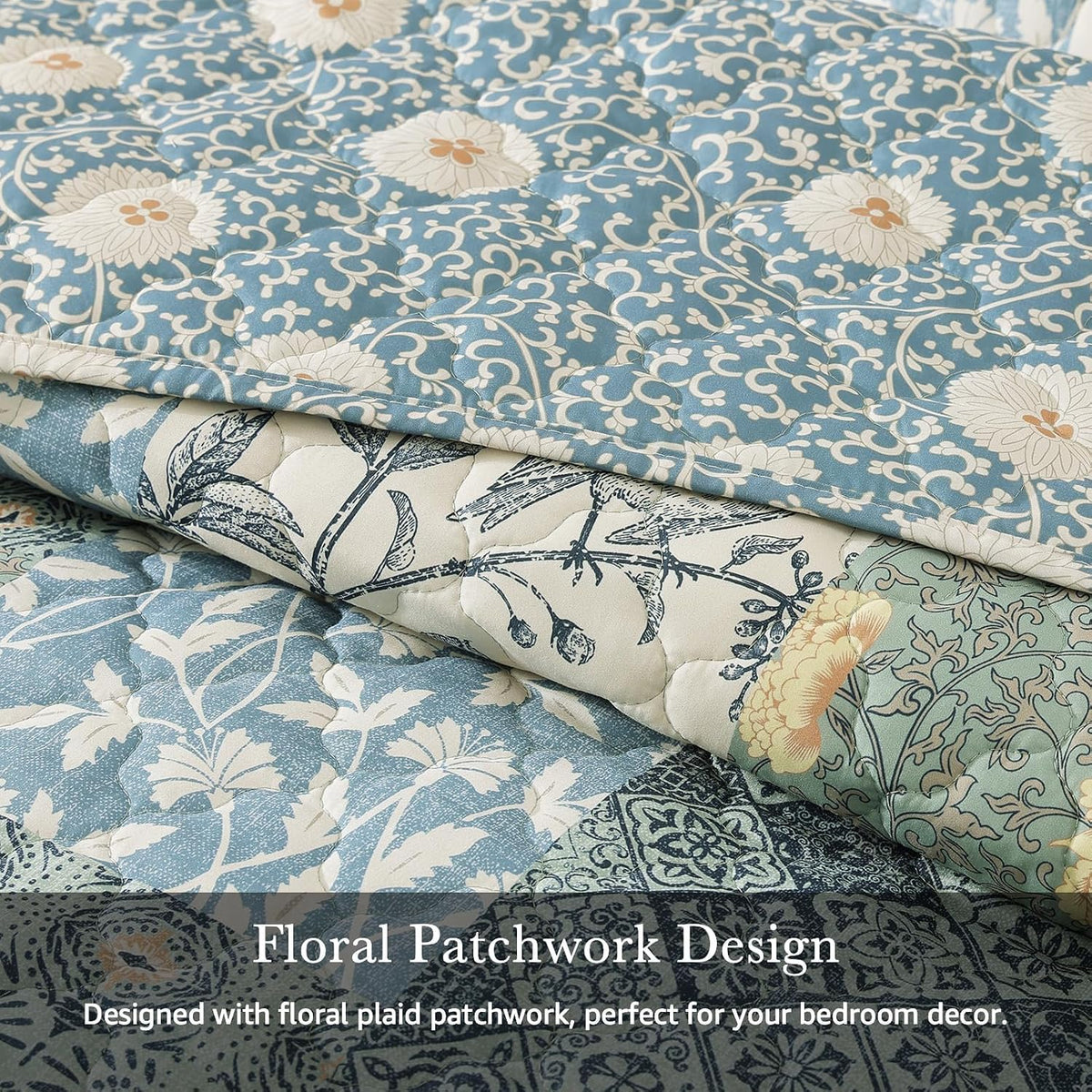 Quilts Queen Size-3 Pieces Soft Queen Bedspread Floral Patchwork Quilt