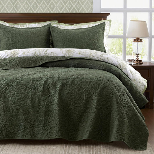WDCOZY Paisley Quilt Set King Size, Olive Green Matelasse Lightweight Bedspread, Soft Farmhouse Rustic Coverlet, Spring Summer Vintage Thin Comforter, Country Bedding, 104x90 inches, 3 Pieces