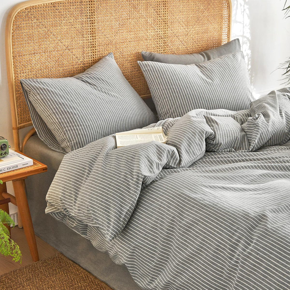 Wake In Cloud Striped Cotton Duvet Cover Set, Greyish Blue, Full