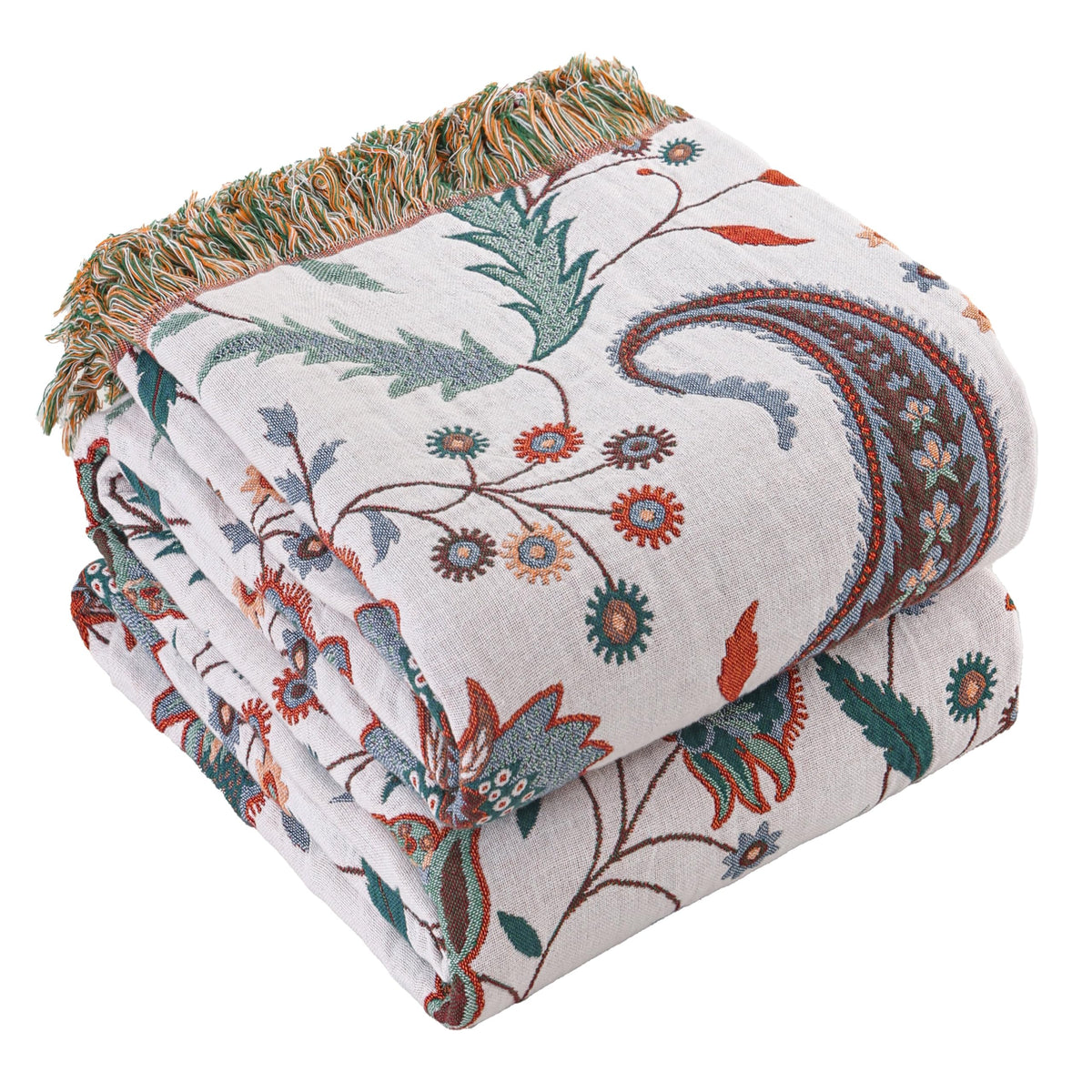 Floral Rustic Large Boho Throw Blanket 90"x98" Orange&Sage Green