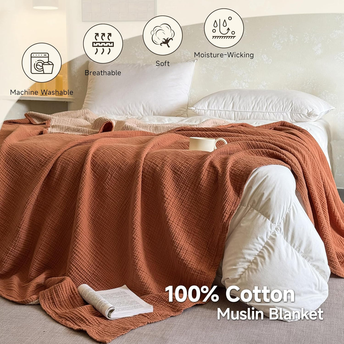 Simple&Opulence 100% Cotton Muslin Blanket, Lightweight Breathable 4 Layering Soft Cotton Throw Blanket,Gauze Blanket for Bed Couch Camping All-Season Use (Rust Orange, 50"x60")