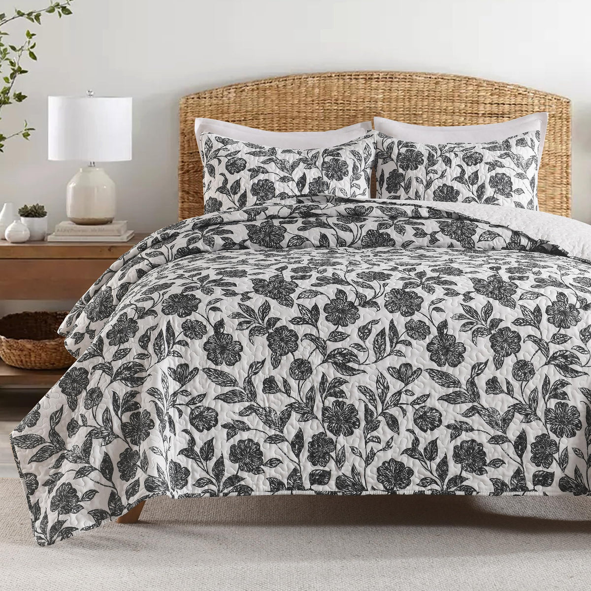 HORIMOTE HOME Tropical Plants Quilt Set Queen Size 3 Pieces, Green Palm Leaves Rainforest Style Fine Printed Reversible Bedspreads Bedding Sets, Soft and Lightweight Bed Coverlet for All Season