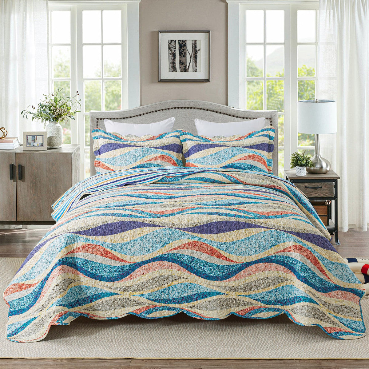 HoneiLife Oversized King Bedspreads 120x120 - Beach Quilt 3 Pieces, Coastal Quilt Sets, California King Quilt, Nautical Bedspreads Ocean Coverlets, Lightweight Bed Cover, Summer Quilts