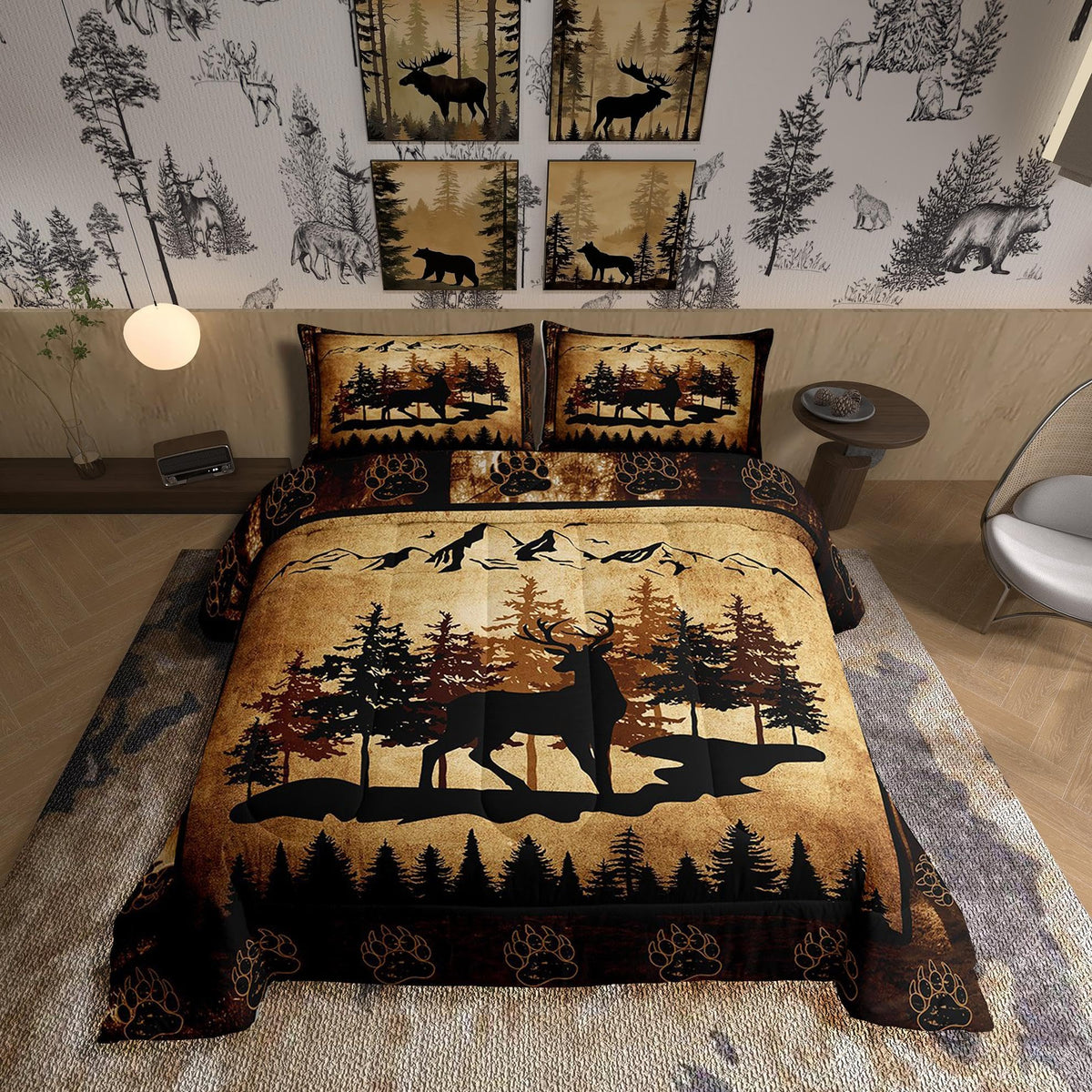Homewish Jungle Cabin Comforter Set,Moose Animal Pine Trees Bedding Sets for Kids Teens Adults,Retro Wooden Stripes Rustic Farmhouse Quilted Comforter with 2 Pillowcases Queen Size 3 Pcs