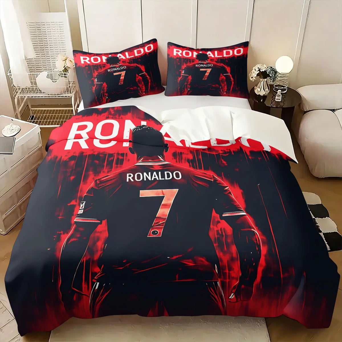 Football Star Ink Print Set & 1-2 Pillowcases-No.7 Player Back View Paired with Red Black Ink Splash Graffiti Art Background-Soft Comfortable Theme Bedding Set-Street Punk StyleBedroom Decor Fan Gift Bed Covers