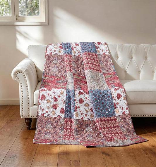 Chezmoi Collection Rowan 1-Piece Printed Patchwork Throw, Quilted Blanket with Vintage Floral Paisley Patterns, Lightweight Reversible Washed Cotton Throw Blanket