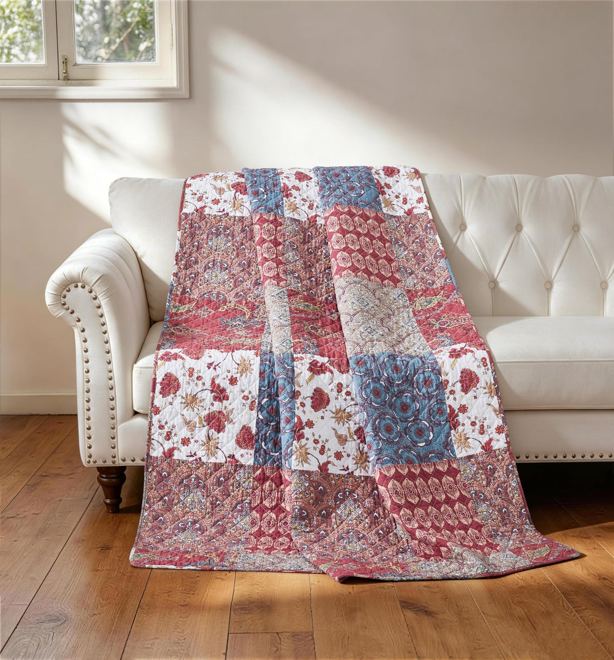 Chezmoi Collection Rowan 1-Piece Printed Patchwork Throw, Quilted Blanket with Vintage Floral Paisley Patterns, Lightweight Reversible Washed Cotton Throw Blanket