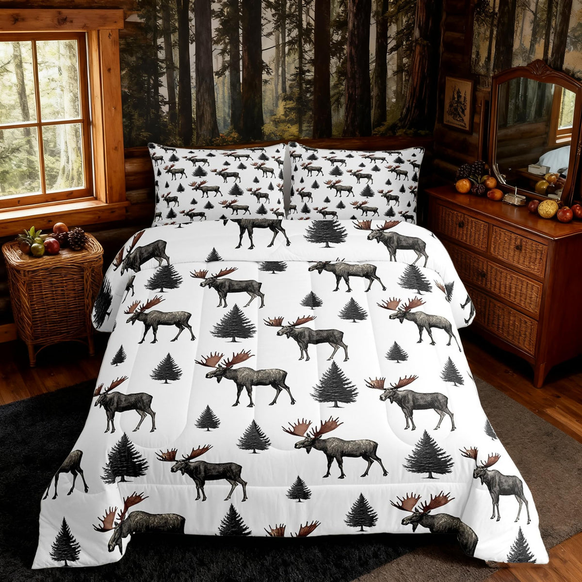 Homewish Jungle Cabin Comforter Set,Moose Animal Pine Trees Bedding Sets for Kids Teens Adults,Retro Wooden Stripes Rustic Farmhouse Quilted Comforter with 2 Pillowcases Queen Size 3 Pcs