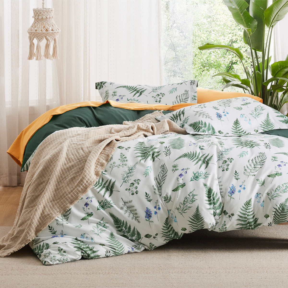 Bedsure Duvet Cover Queen Size - Reversible Green Queen Duvet Cover Set with Zipper Closure, 3 Pieces Floral Patterned Bedding Set with 8 Corner Ties and 2 Pillow Shams