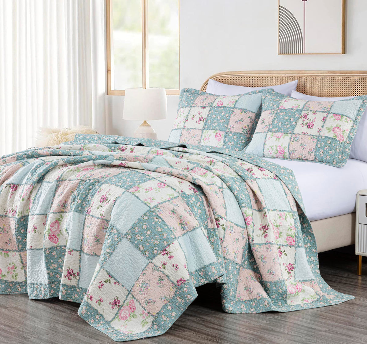 Chezmoi Collection Abbi 2-Piece Pink Shabby Chic Bedding Twin Quilt Set Pre-Washed Cotton Floral Coverlet Bedspread Ruffled Patchwork Quilt, Twin Size