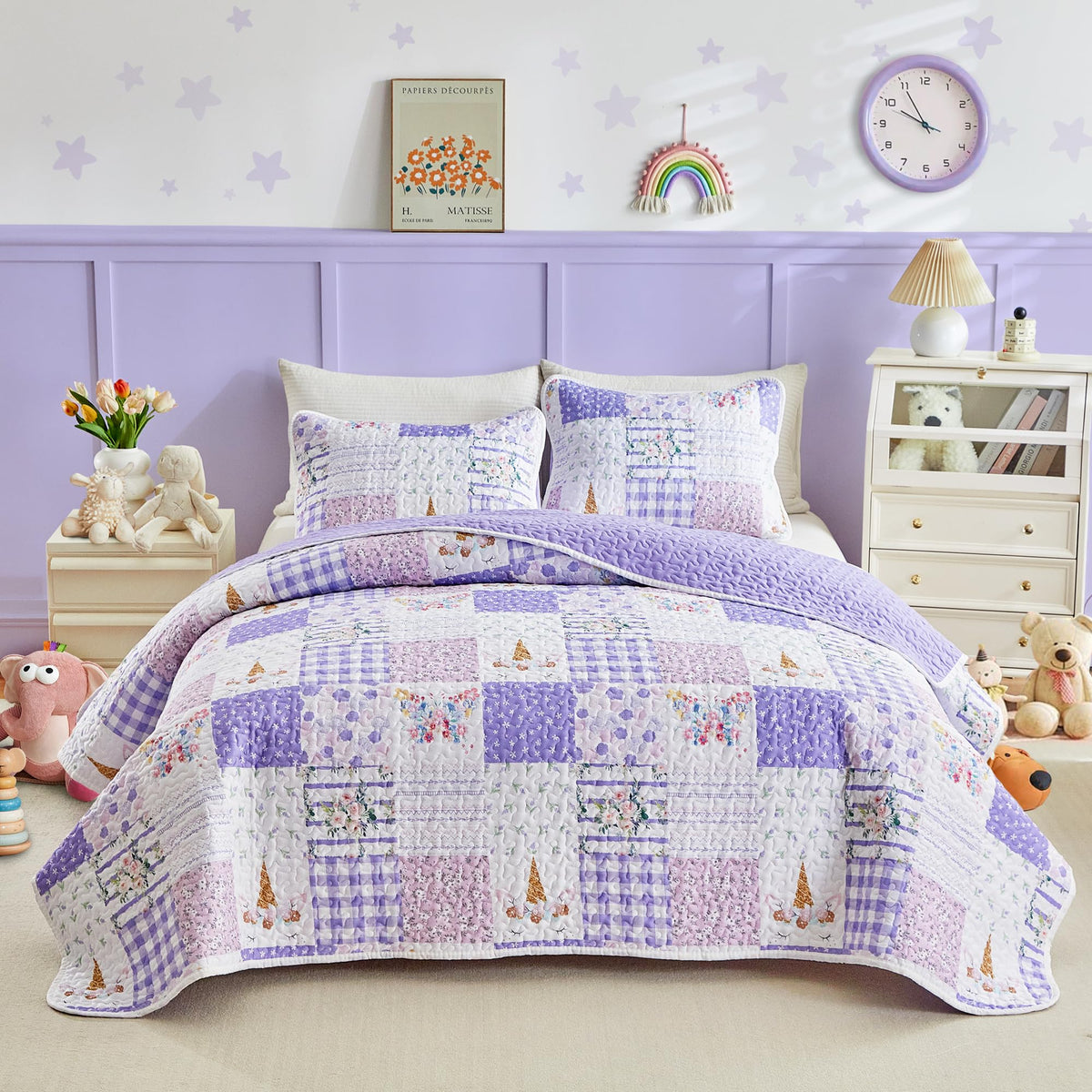 Joyreap Twin Size Quilt Set for Girls, Pink n Blue Floral Patchwork Design, 2 Pieces Soft n Cozy Microfiber Quilt, Bedspread Bed Cover for All Season- 68x88 inches