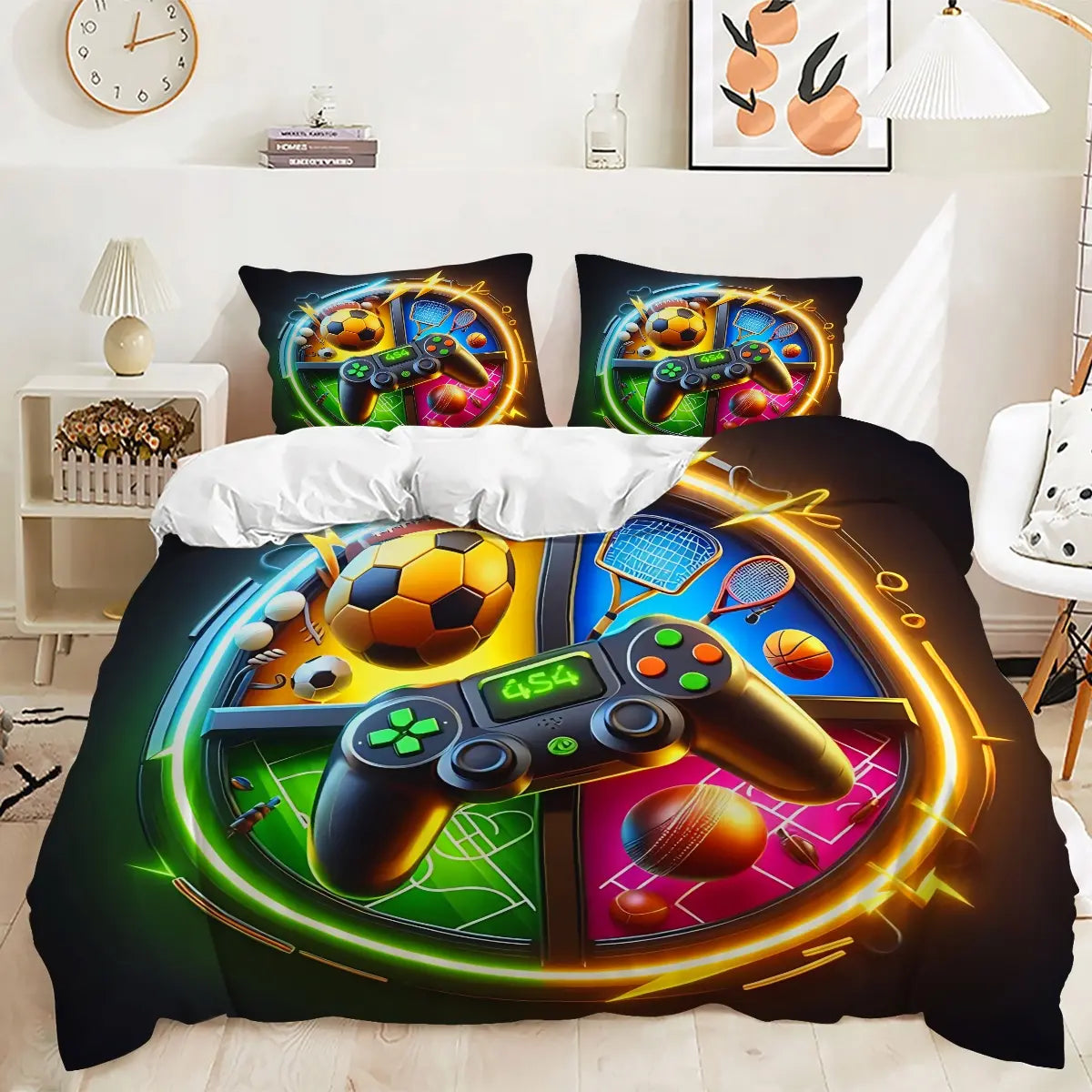 Neon Soccer Game Controller Duvet Cover Set – 2/3‑Piece Sports‑Gaming Bedding Set, Ideal for Teen Gamer Bedroom, Sports‑Esports Room, Man Cave, Game Streamer Room & Guest Room All‑Season Use, without Pillow Core