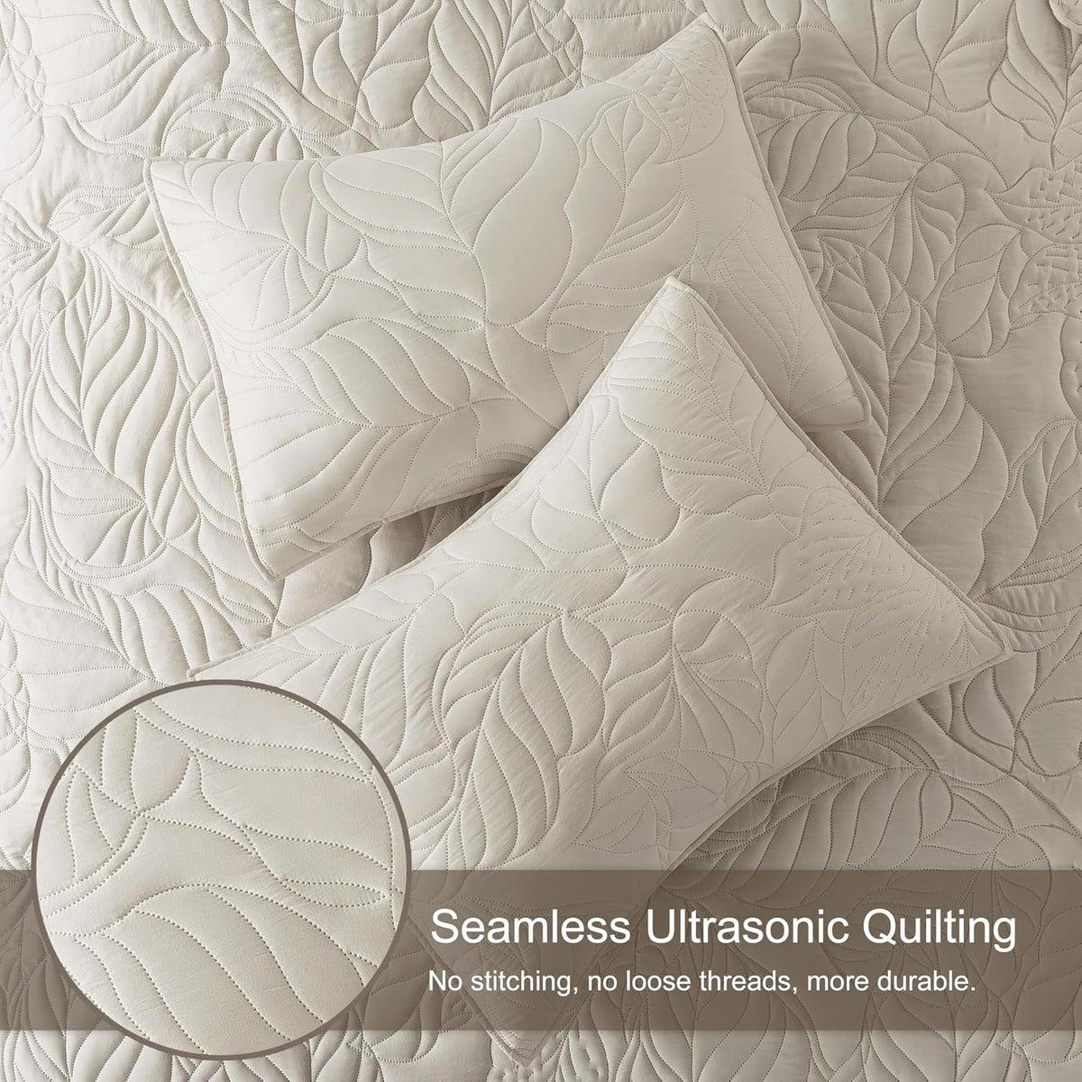 R.SHARE Beige Queen Size Quilt Set, Neutral Soft Lightweight Bedspread, Farmhouse Rustic Country Coverlet, Leaf Pattern Bedding with 2 Shams, 3 Pieces Spring Summer Thin Comforter