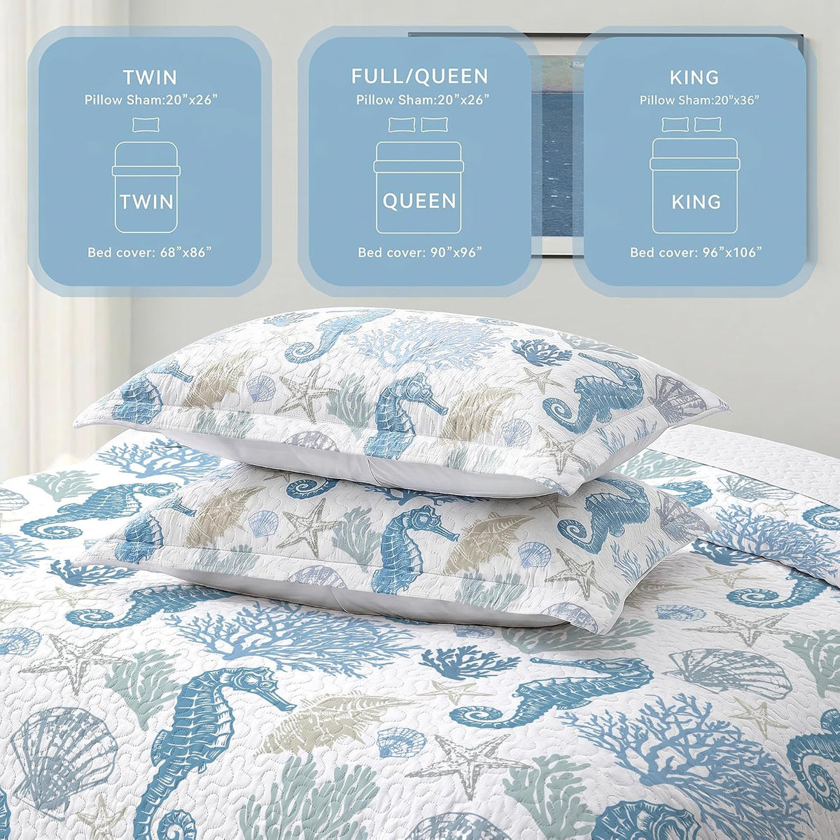 Nautical Queen Quilt Set, Coastal Seahorse Bedding, 3 Piece, 90"x96"