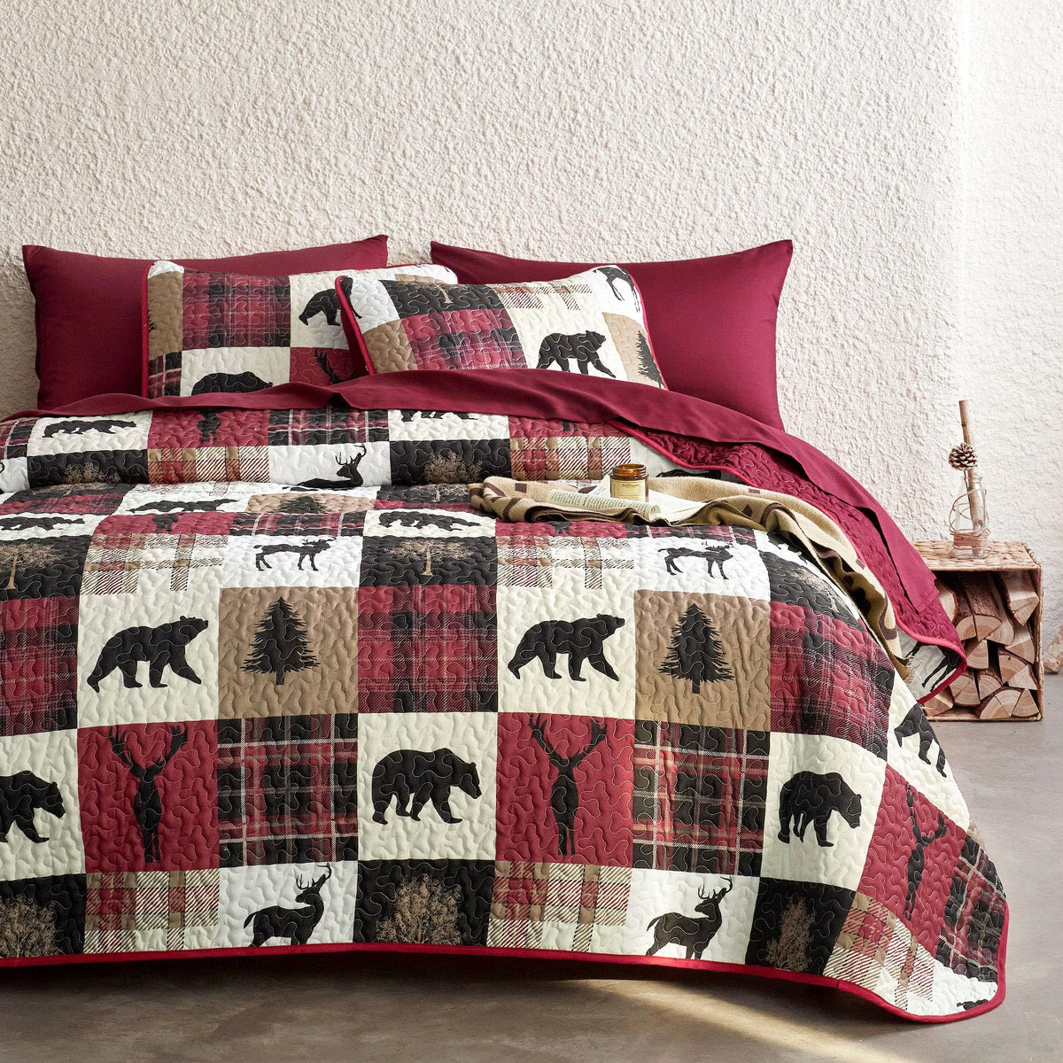Wake In Cloud - Rustic Quilt Set, Cabin Lodge Christmas Bear Moose Deer Wildlife Western Patchwork Country, Reversible Lightweight Bedspread Coverlet, 3 Pieces, Green Brown, Twin/Twin XL Size