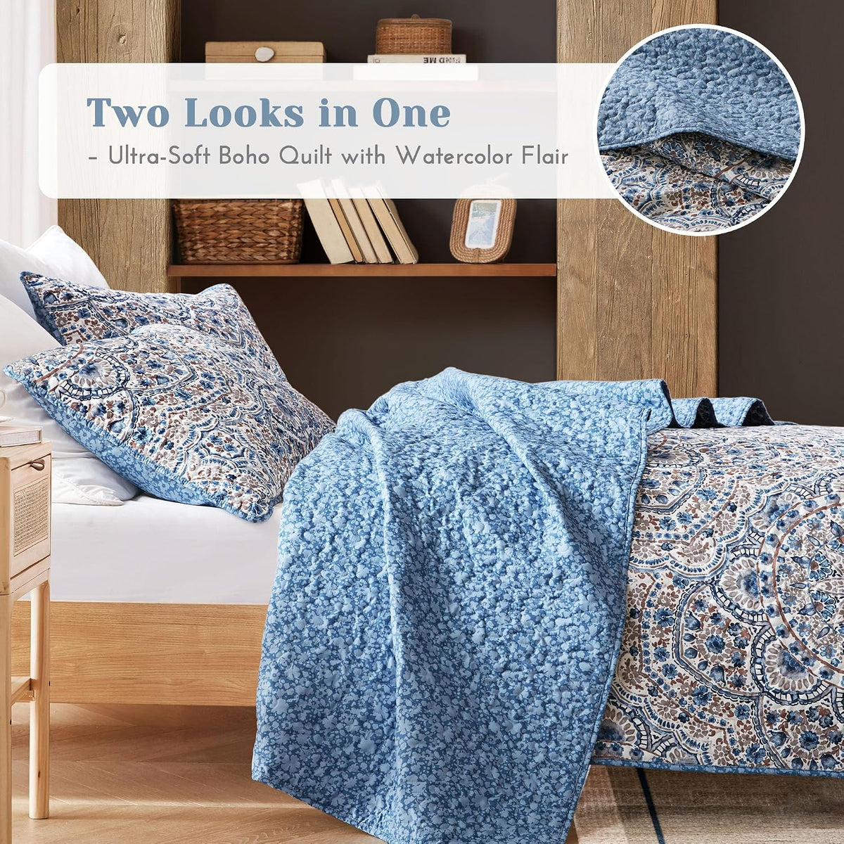 Comfort Spaces Valerie Boho Reversible Twin Quilt Bedding Set, 2 PC, Blue