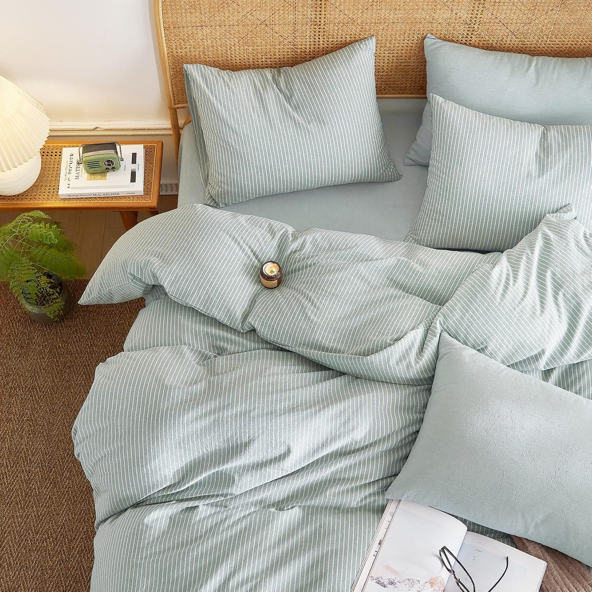 Wake In Cloud Striped Cotton Duvet Cover Set, Greyish Blue, Full