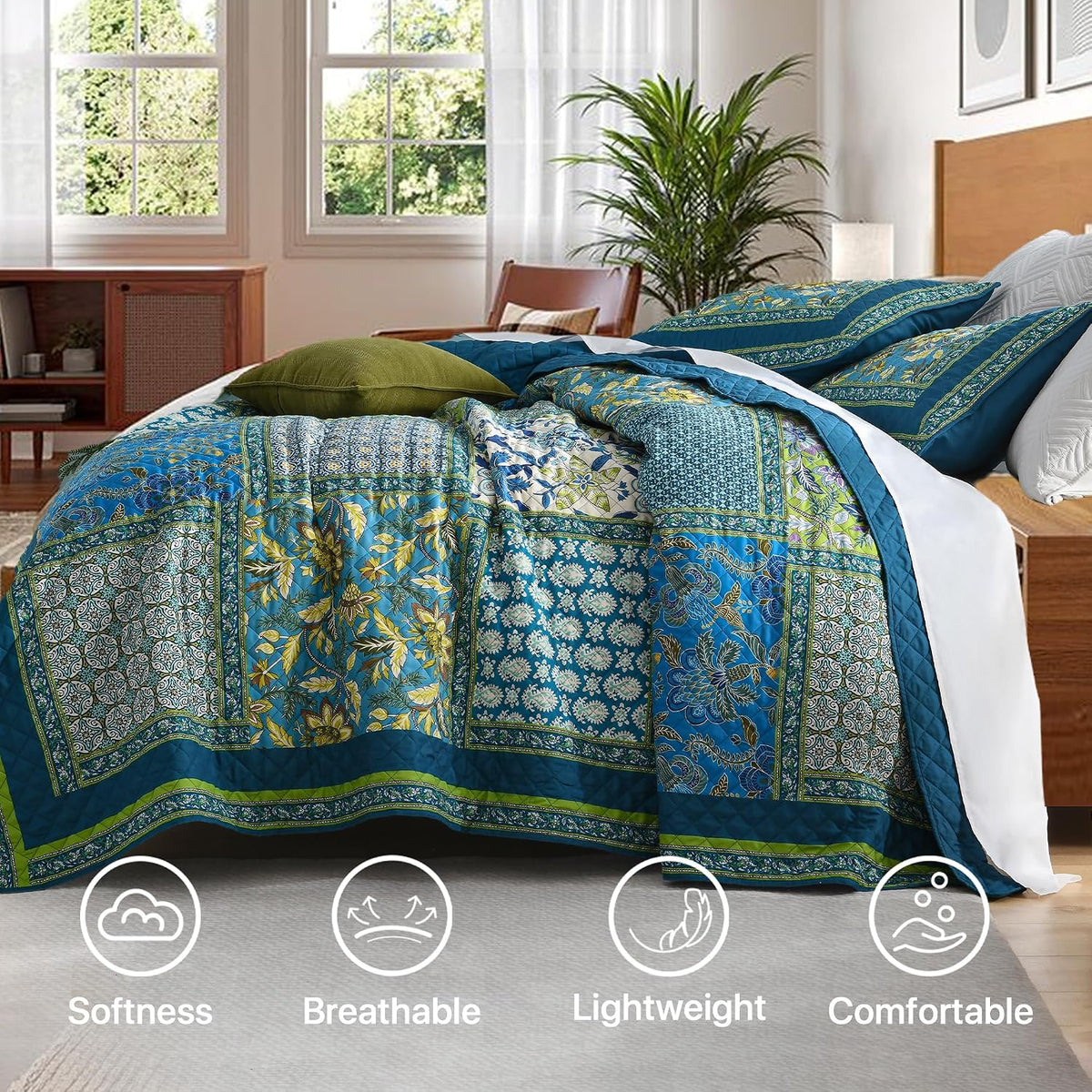 Twin Quilt Set - Washed Quilted Patchwork Comforter Coverlet, Lightweight Breathable Bedspread for All Seasons, Reversible 68"x90" with 2 Pillow Shams, Machine Washable