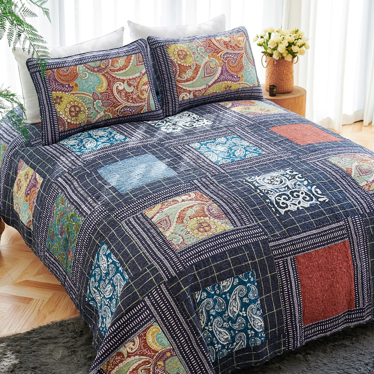 Secgo California King Quilt Size - 100% Cotton Oversized California Comforter Set Green Bedding Sets (120 * 110 Inch) with 2 Pillow Shams, Patchwork Reversible Lightweight Bedspread