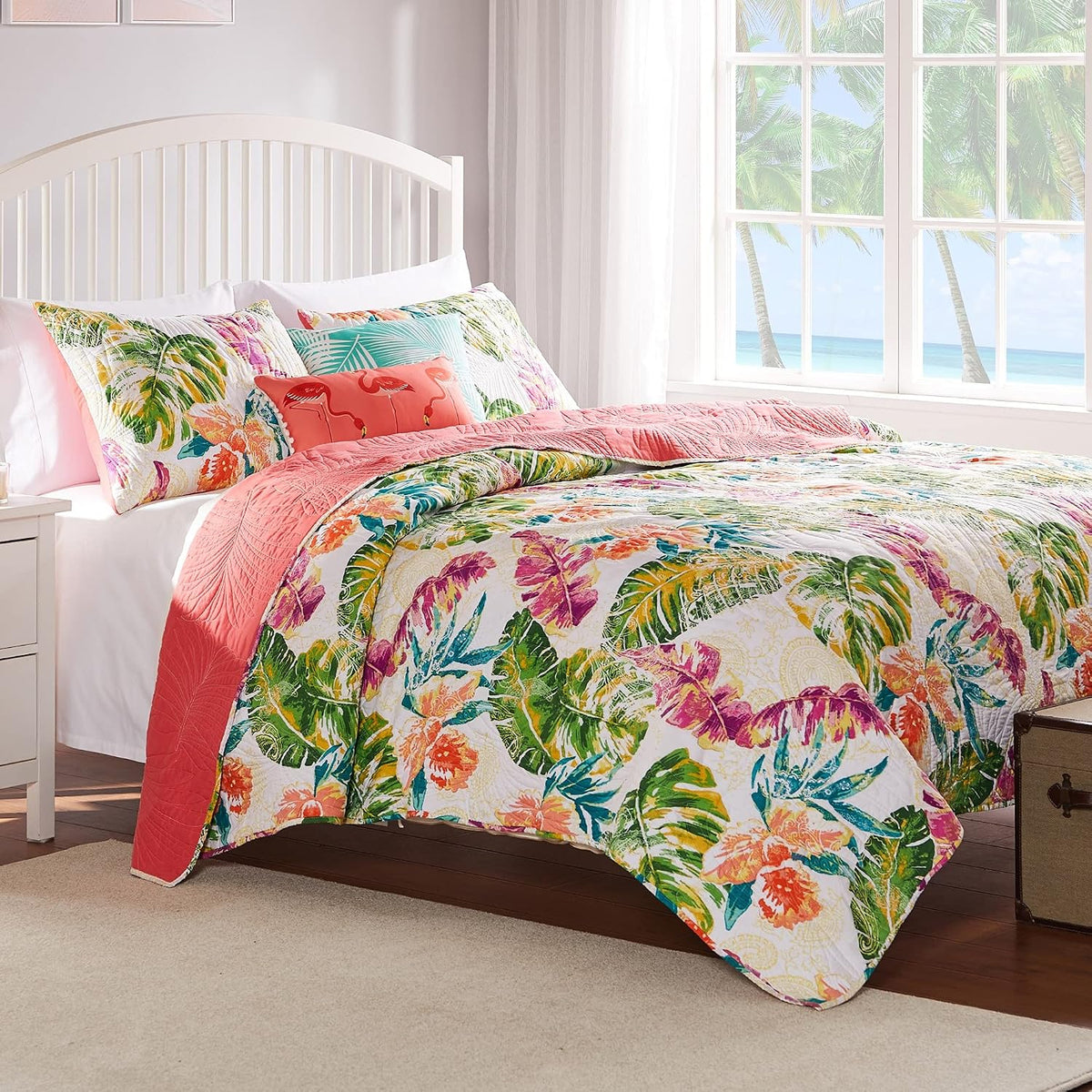 Greenland Home Tropics Palm Leaves Coastal Cotton Blend Quilt Set, 2-Piece Twin/XL, Coral