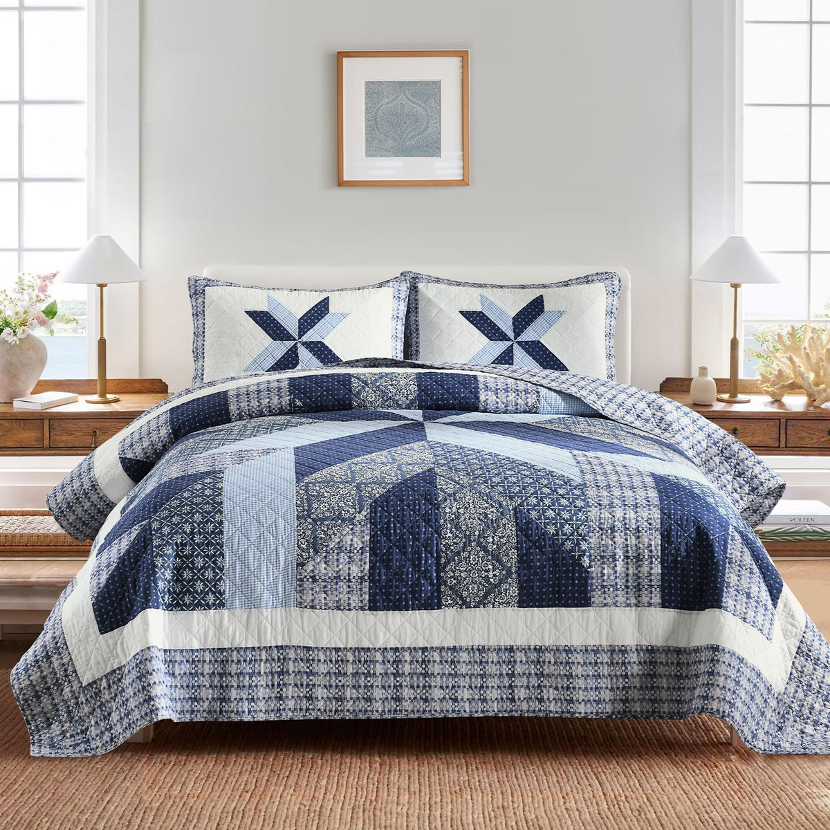 Secgo California King Quilt Size - 100% Cotton Oversized California Comforter Set Green Bedding Sets (120 * 110 Inch) with 2 Pillow Shams, Patchwork Reversible Lightweight Bedspread