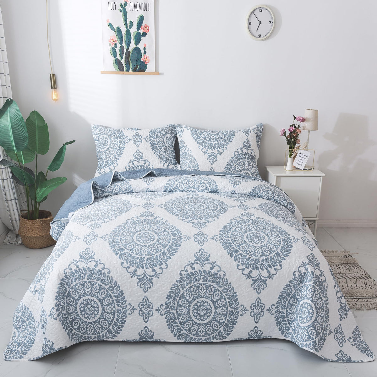 Travan 3-Piece Quilt Set Quilted Bedspread Lightweight Coverlet Set Garden Style Floral Printed Oversized Quilted Bedding Set with Shams for All Season, Exquisite, King Size