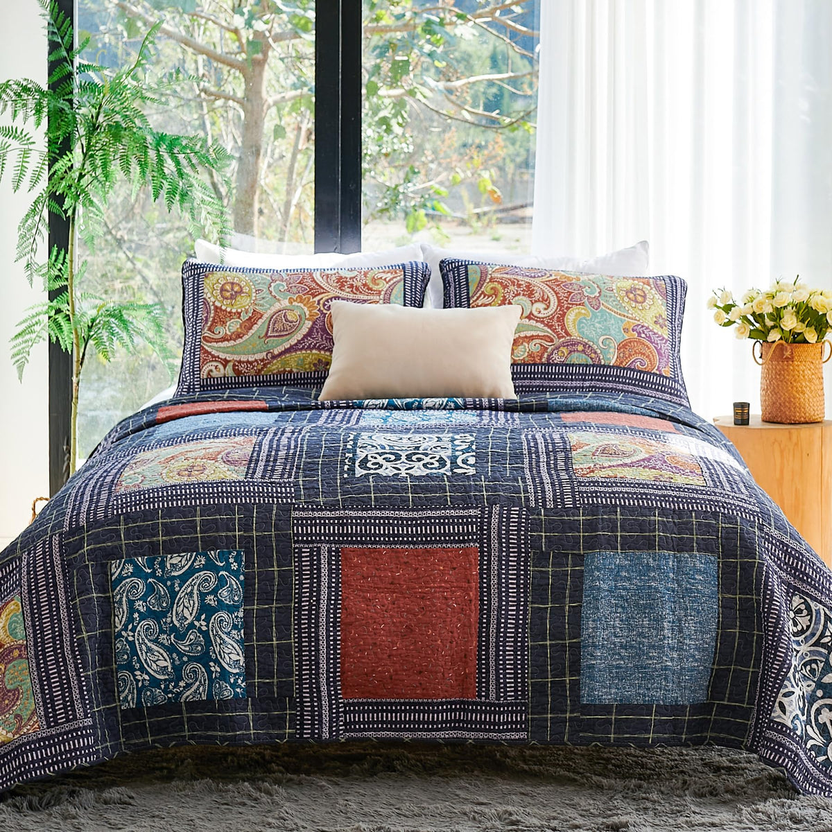 Secgo California King Quilt Size - 100% Cotton Oversized California Comforter Set Green Bedding Sets (120 * 110 Inch) with 2 Pillow Shams, Patchwork Reversible Lightweight Bedspread