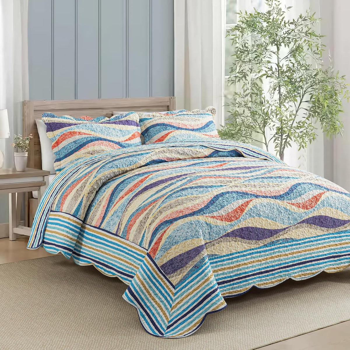 HoneiLife Oversized King Bedspreads 120x120 - Beach Quilt 3 Pieces, Coastal Quilt Sets, California King Quilt, Nautical Bedspreads Ocean Coverlets, Lightweight Bed Cover, Summer Quilts