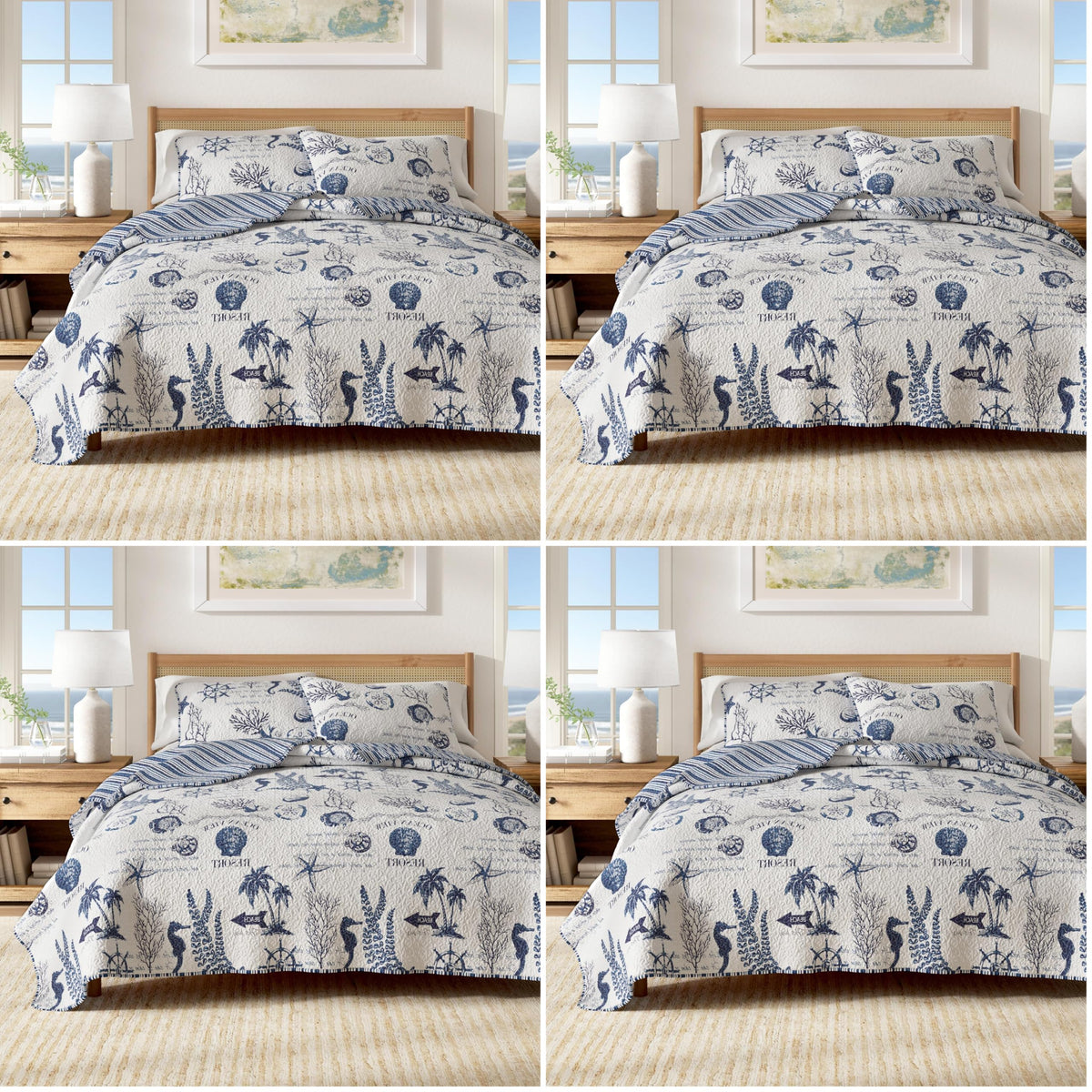 Great Bay Home Twin/Twin XL Coastal Bedding Set, Summer Coastal Quilt with Sham, Beach 2-Piece Reversible All Season Bedspread Quilt Set. Lightweight Nautical Quilted Coverlet. Navy