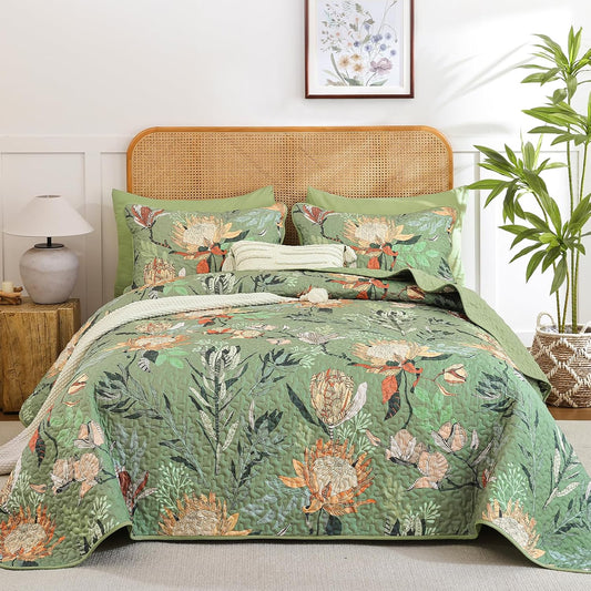 Dintszyayue Quilt King Size Green, 3 Pcs Boho Floral Bedspread Bedding Set