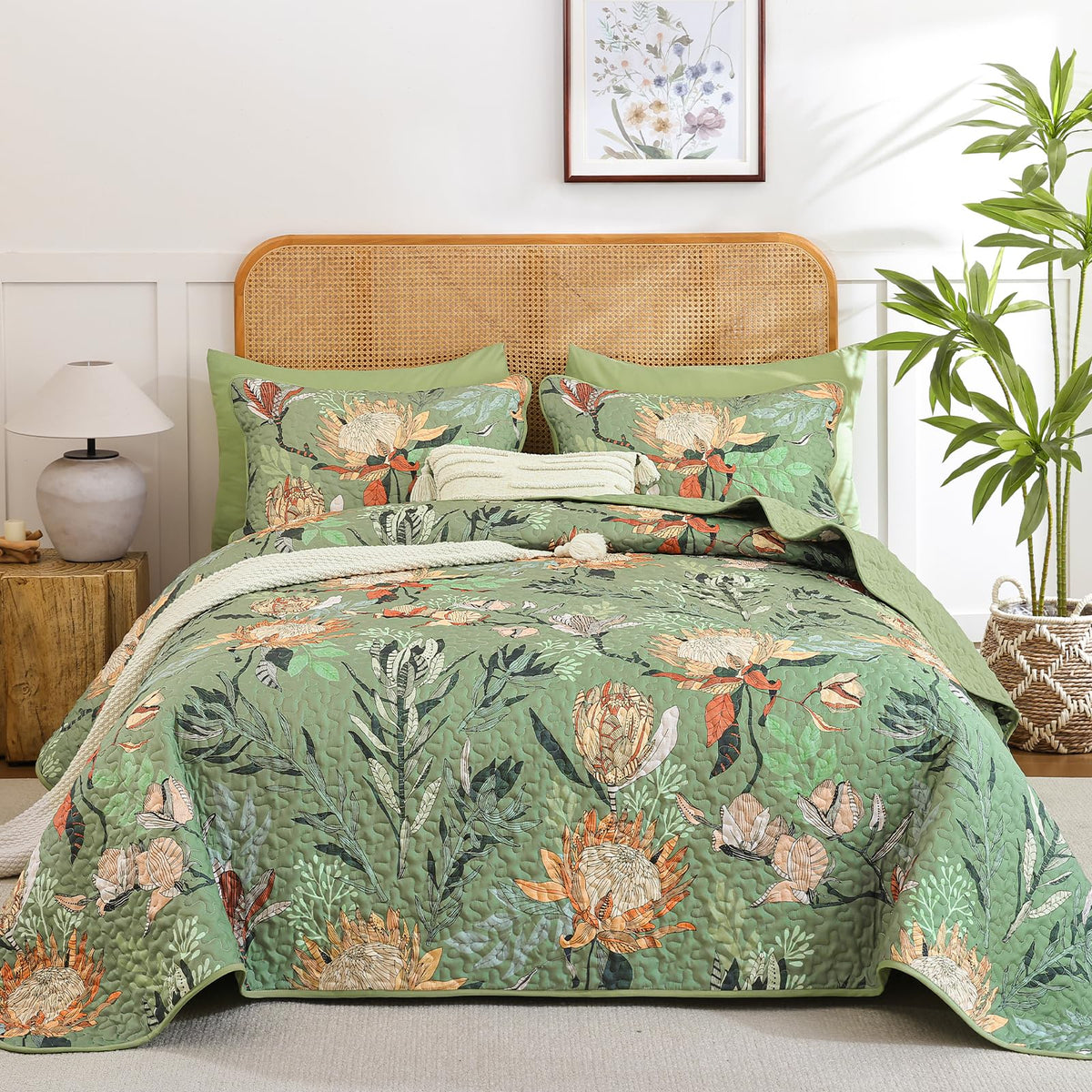 Dintszyayue Quilt King Size Green, 3 Pcs Boho Floral Bedspread Bedding Set