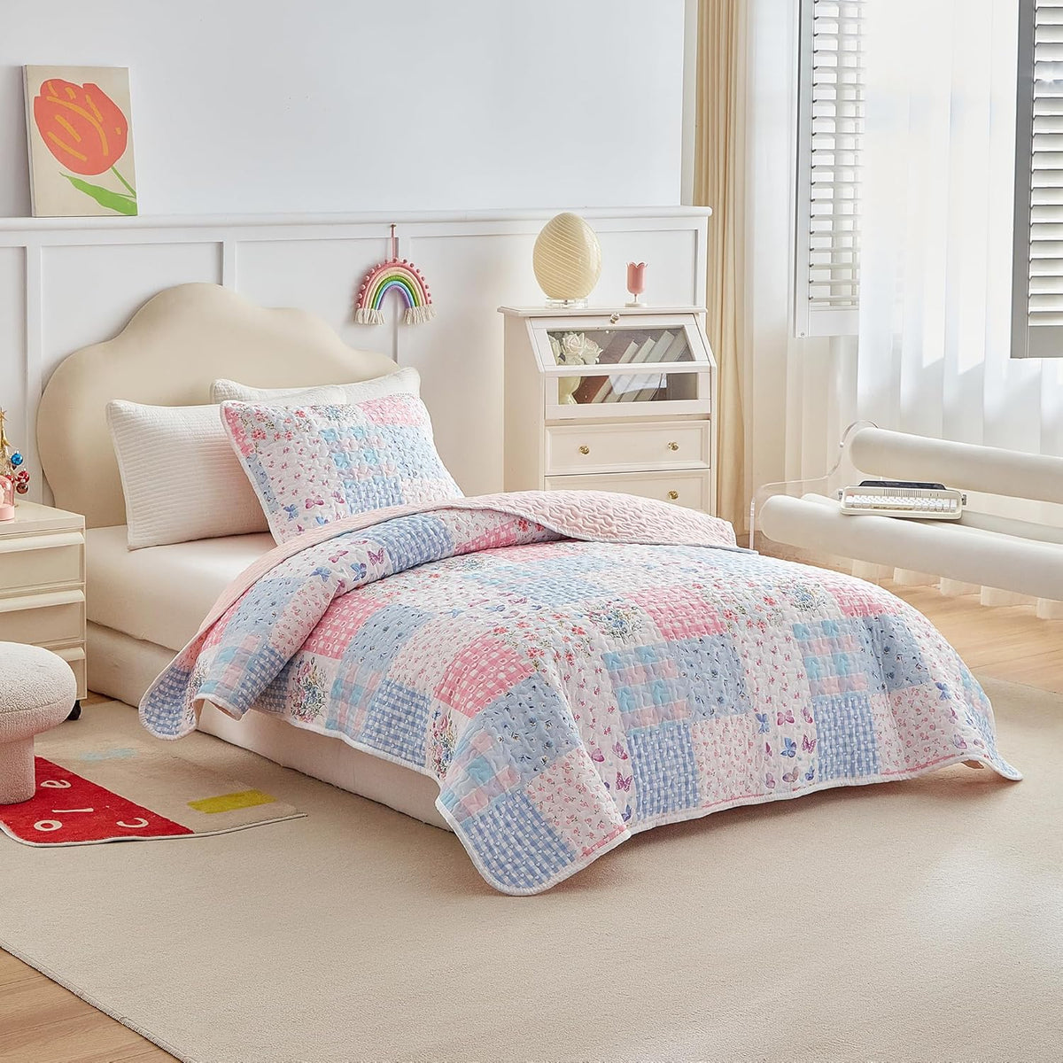 Joyreap Twin Size Quilt Set for Girls, Pink n Blue Floral Patchwork Design, 2 Pieces Soft n Cozy Microfiber Quilt, Bedspread Bed Cover for All Season- 68x88 inches