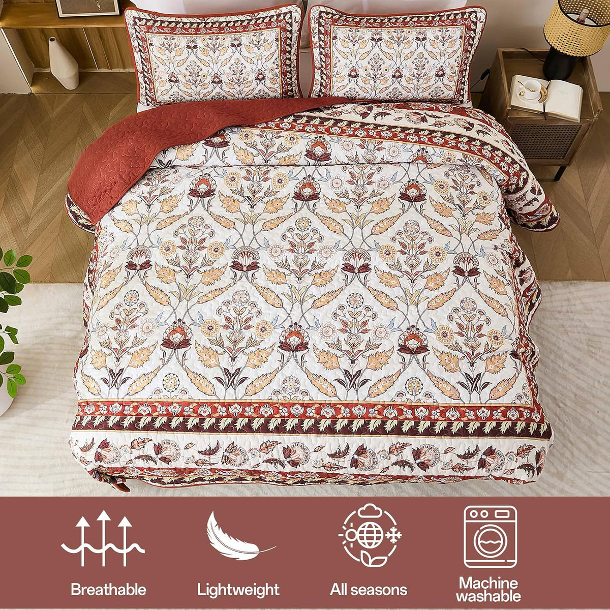 DJY King Size Quilt Sets, Burgundy Floral Quilt Set King 3 Pieces Red Boho Bedspread Coverlet Set with 2 Pillowcases Soft Lightweight Microfiber Bedding for All Season (104"x90")
