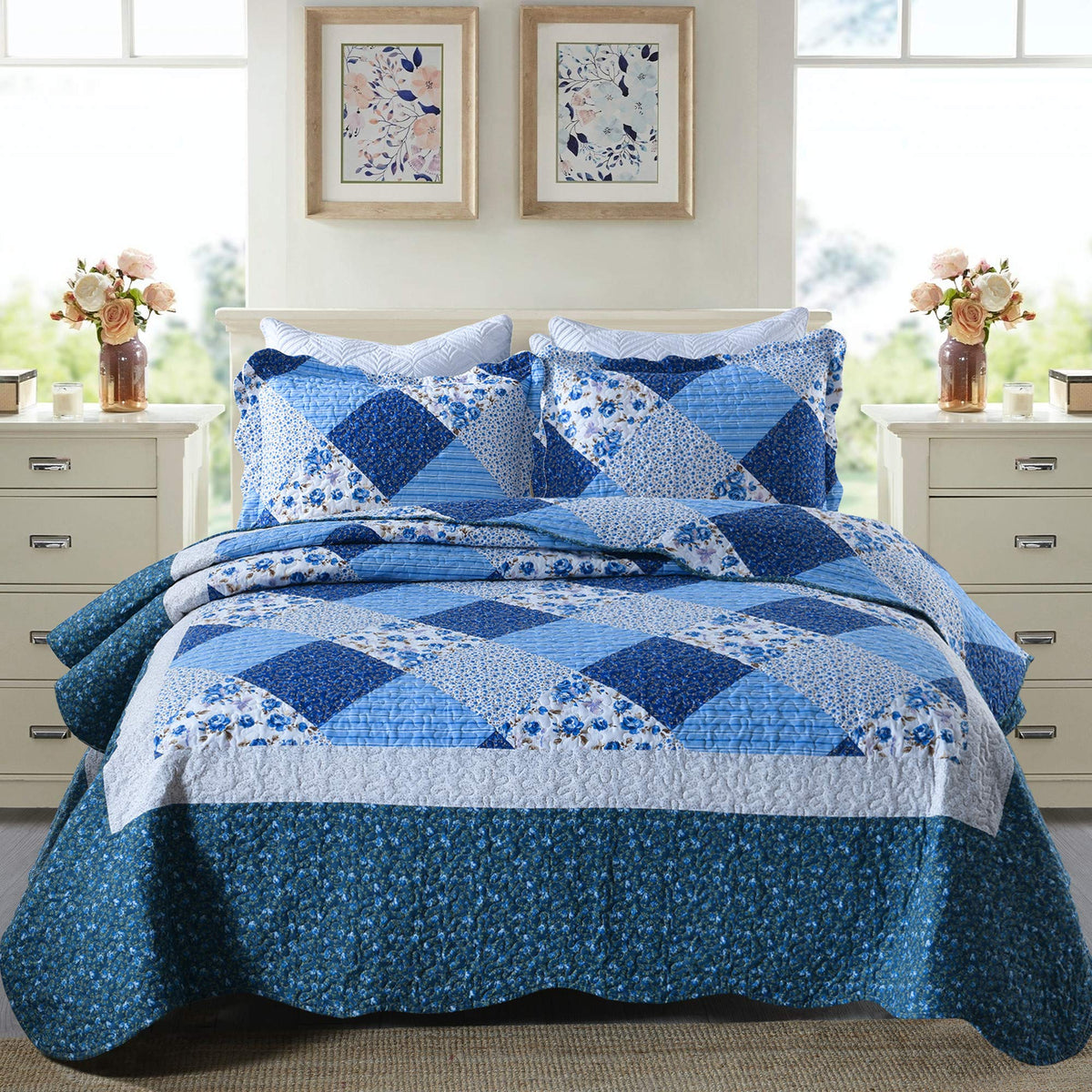 Travan 3-Piece Quilt Set Quilted Bedspread Lightweight Coverlet Set Garden Style Floral Printed Oversized Quilted Bedding Set with Shams for All Season, Exquisite, King Size